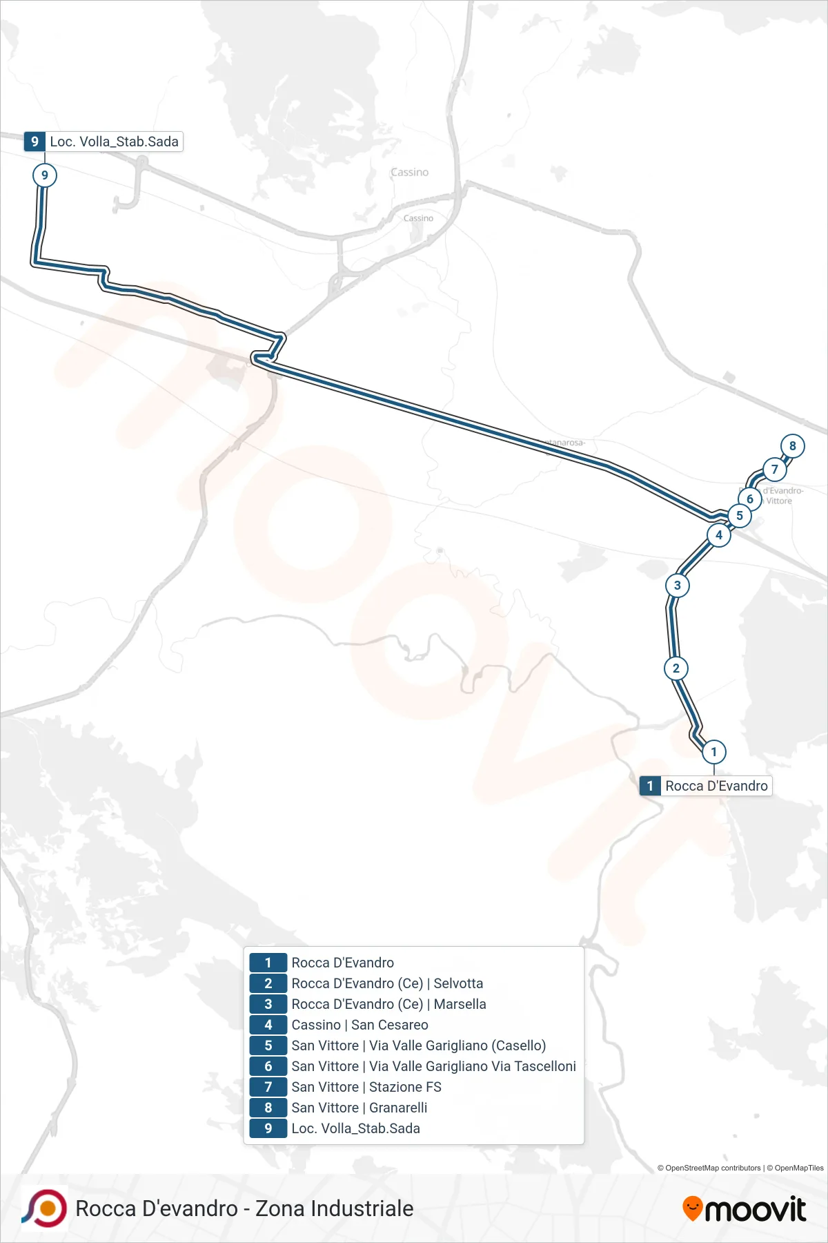 Linea COTRAL bus (Rocca D'Evandro→Loc. Volla_Stab.Sada) - Percorsi e fermate sulla mappa