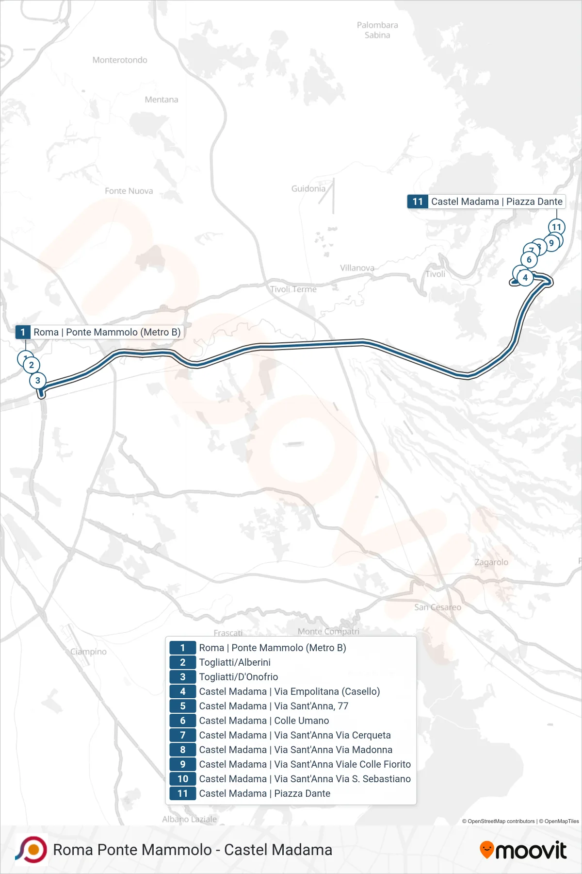 Linea COTRAL  bus (Roma | Ponte Mammolo (Metro B)‎→Castel Madama | Piazza Dante) - Percorsi e fermate sulla mappa