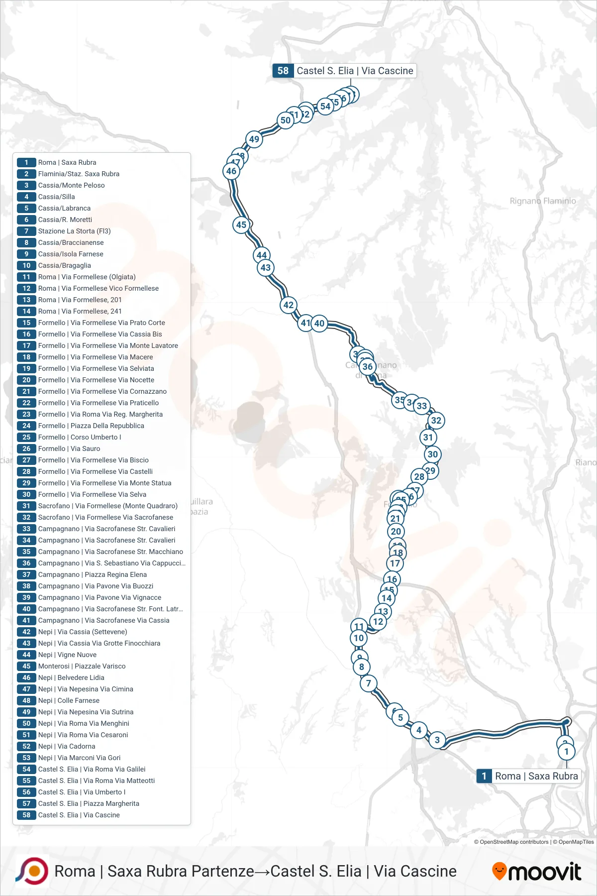 Linea COTRAL bus (Roma | Saxa Rubra Partenze→Castel S. Elia | Via Cascine) - Percorsi e fermate sulla mappa