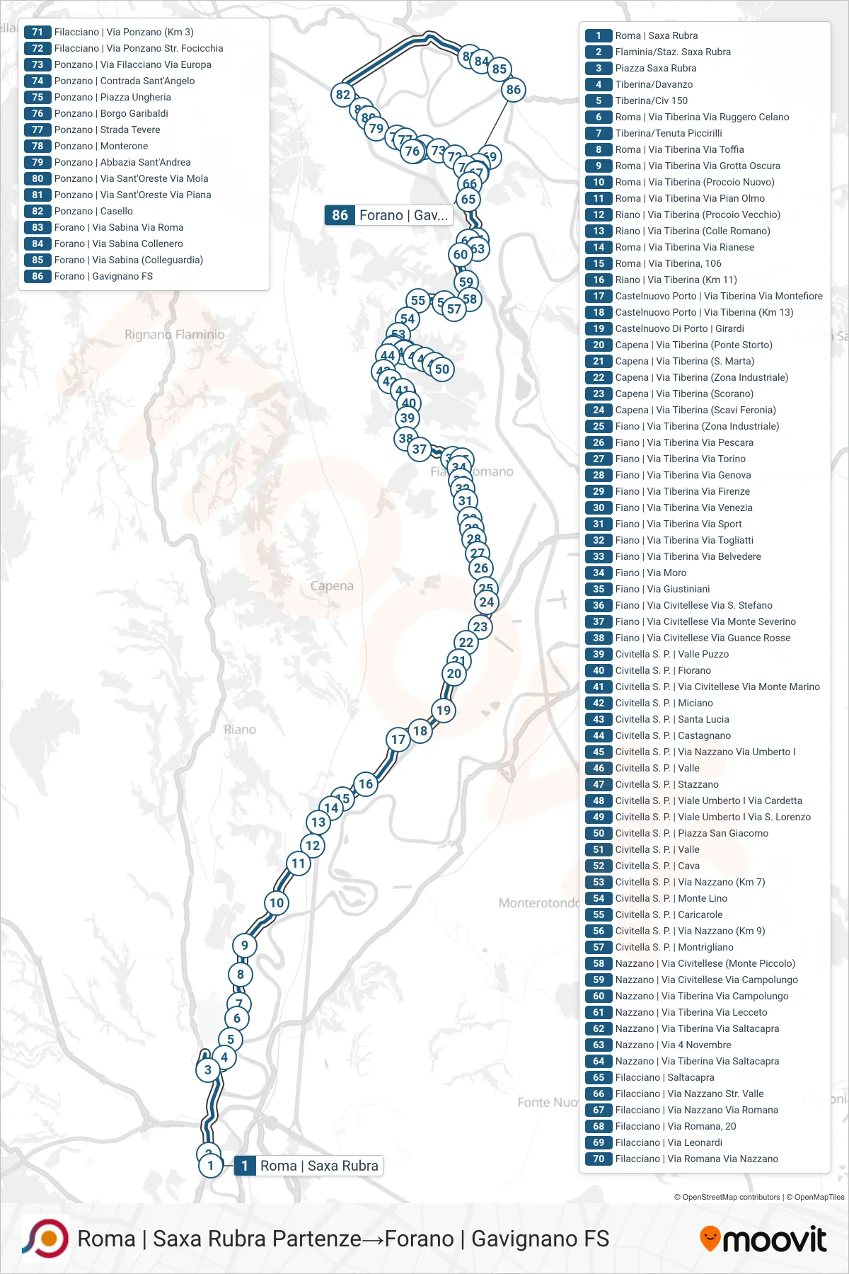Linea COTRAL bus (Roma | Saxa Rubra Partenze→Forano | Gavignano FS) - Percorsi e fermate sulla mappa