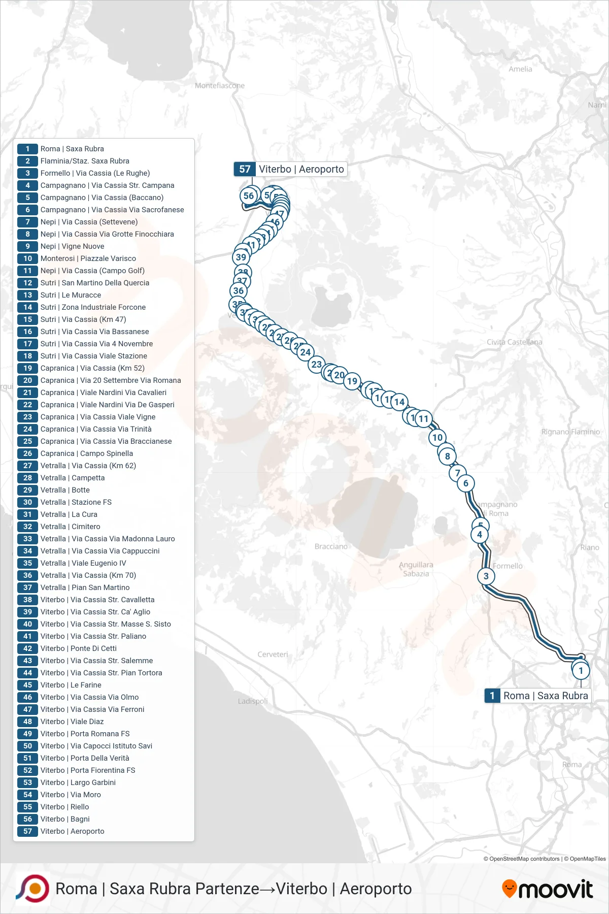 Linea COTRAL  bus (Roma | Saxa Rubra Partenze‎→Viterbo | Aeroporto) - Percorsi e fermate sulla mappa