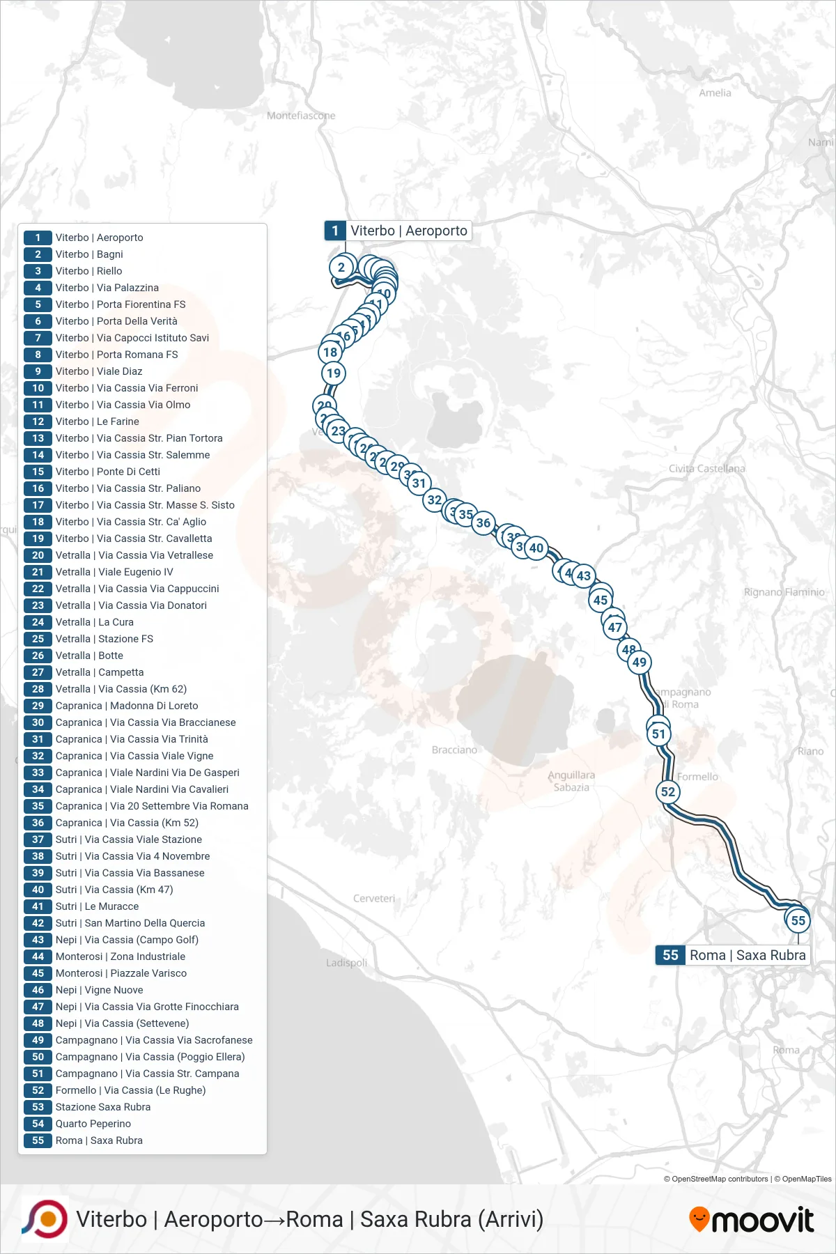 Linea COTRAL bus (Viterbo | Aeroporto→Roma | Saxa Rubra (Arrivi)) - Percorsi e fermate sulla mappa