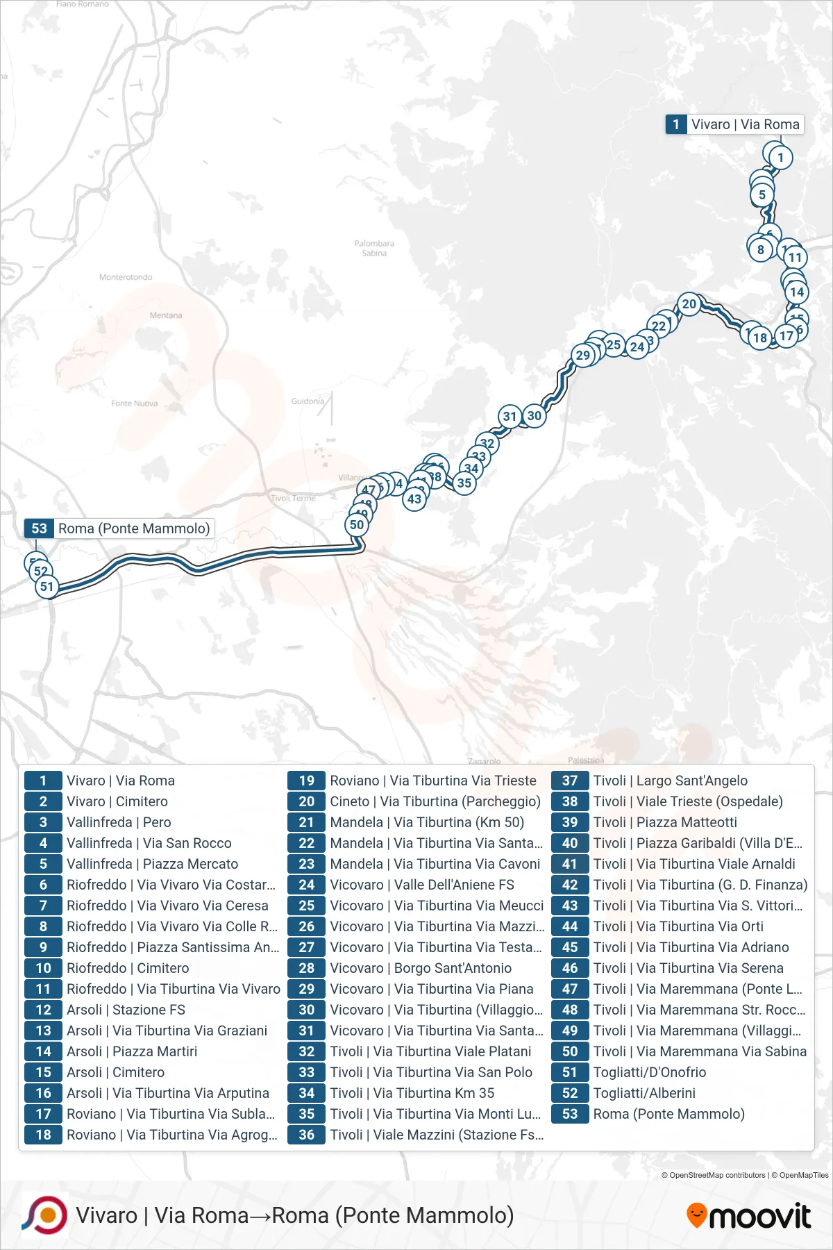 Linea COTRAL bus (Vivaro | Via Roma→Roma (Ponte Mammolo)) - Percorsi e fermate sulla mappa