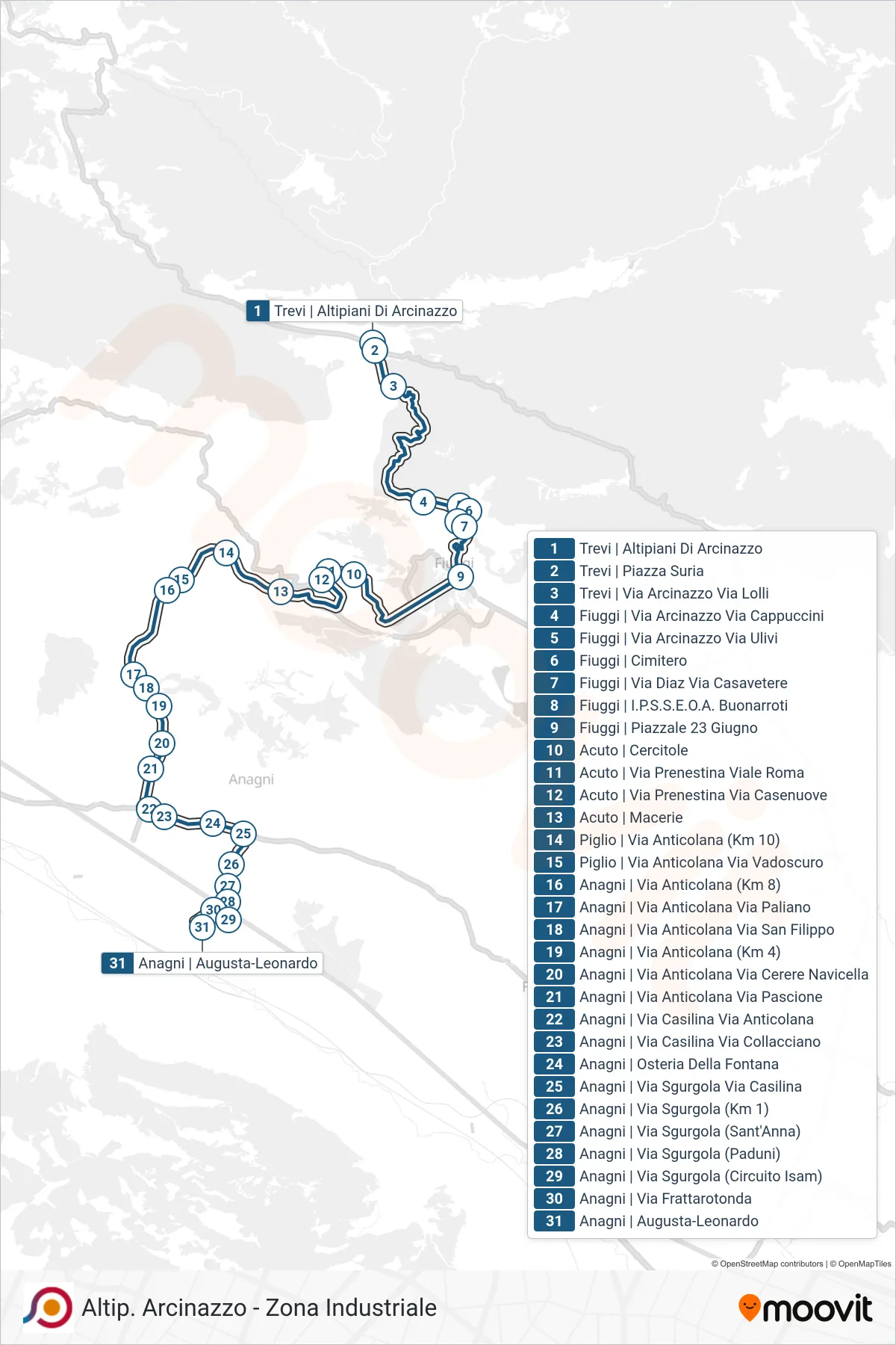 Linea COTRAL  bus (Trevi | Altipiani Di Arcinazzo‎→Anagni | Augusta-Leonardo) - Percorsi e fermate sulla mappa