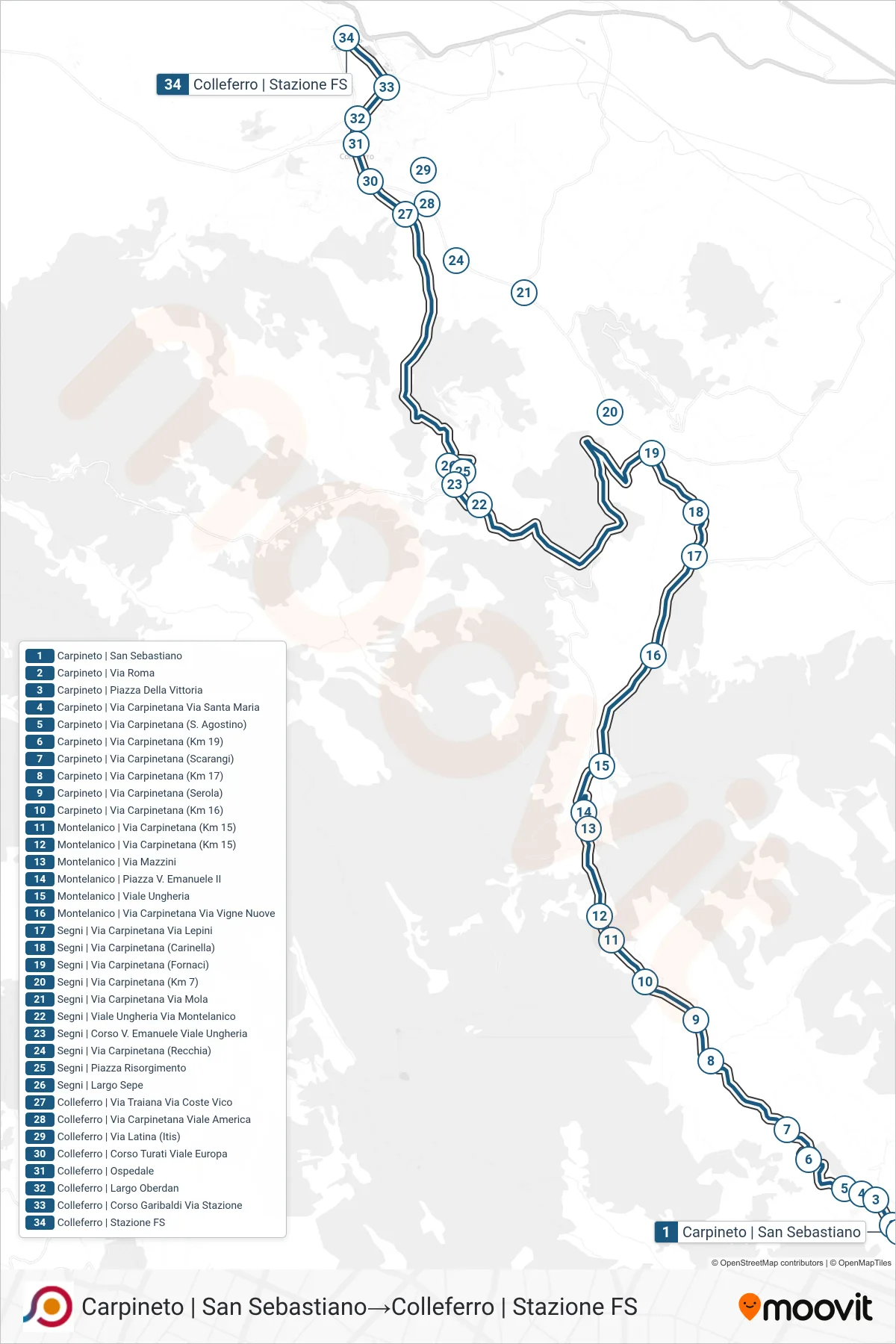 Linea COTRAL bus (Carpineto | San Sebastiano→Colleferro | Stazione FS) - Percorsi e fermate sulla mappa