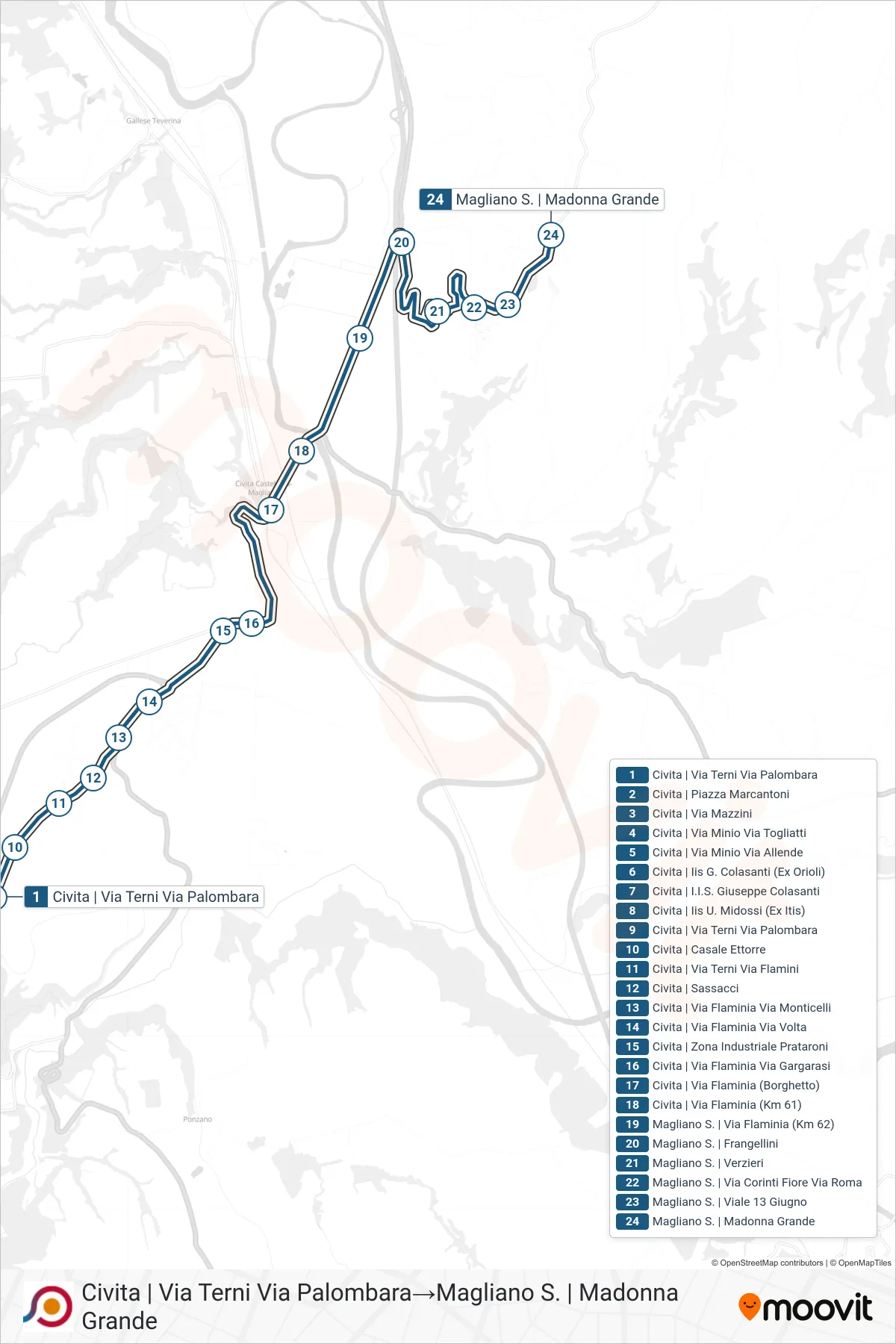 Linea COTRAL bus (Civita | Via Terni Via Palombara→Magliano S. | Madonna Grande) - Percorsi e fermate sulla mappa