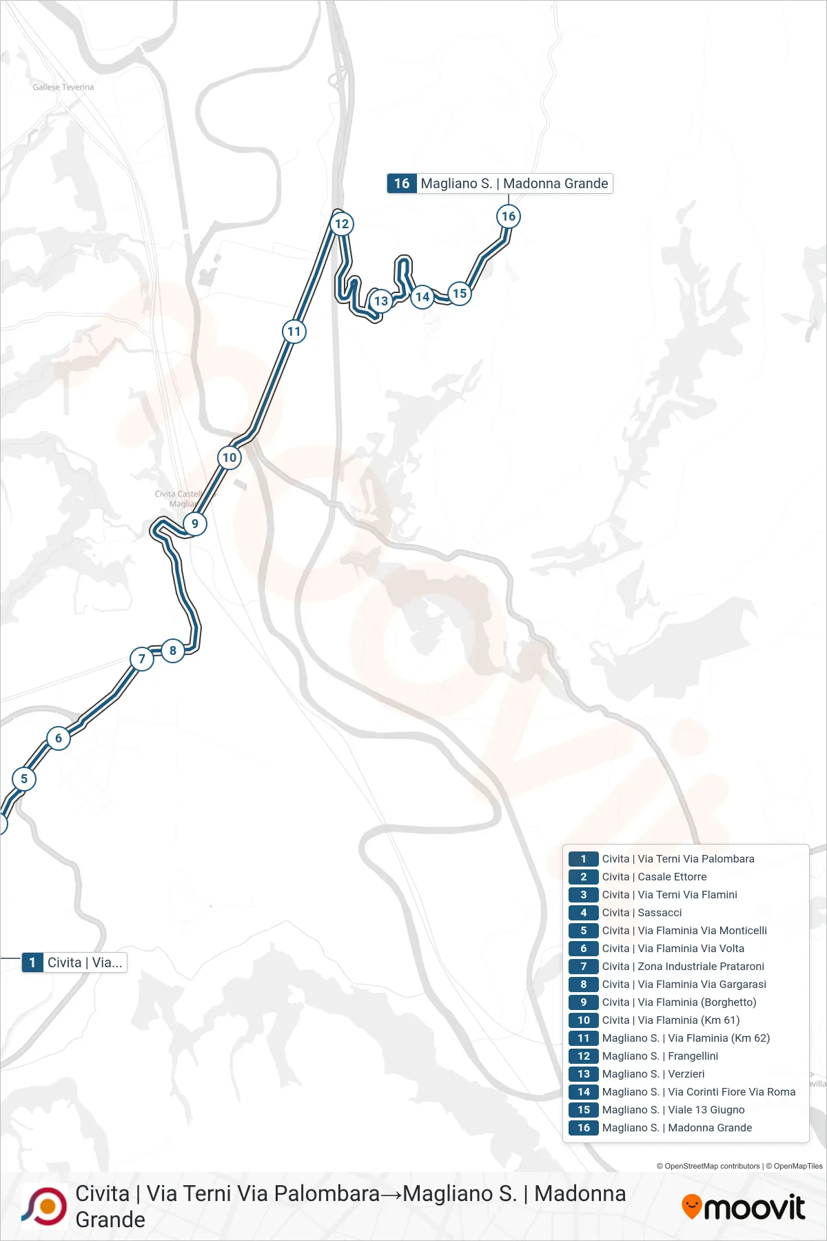 Linea COTRAL bus (Civita | Via Terni Via Palombara→Magliano S. | Madonna Grande) - Percorsi e fermate sulla mappa