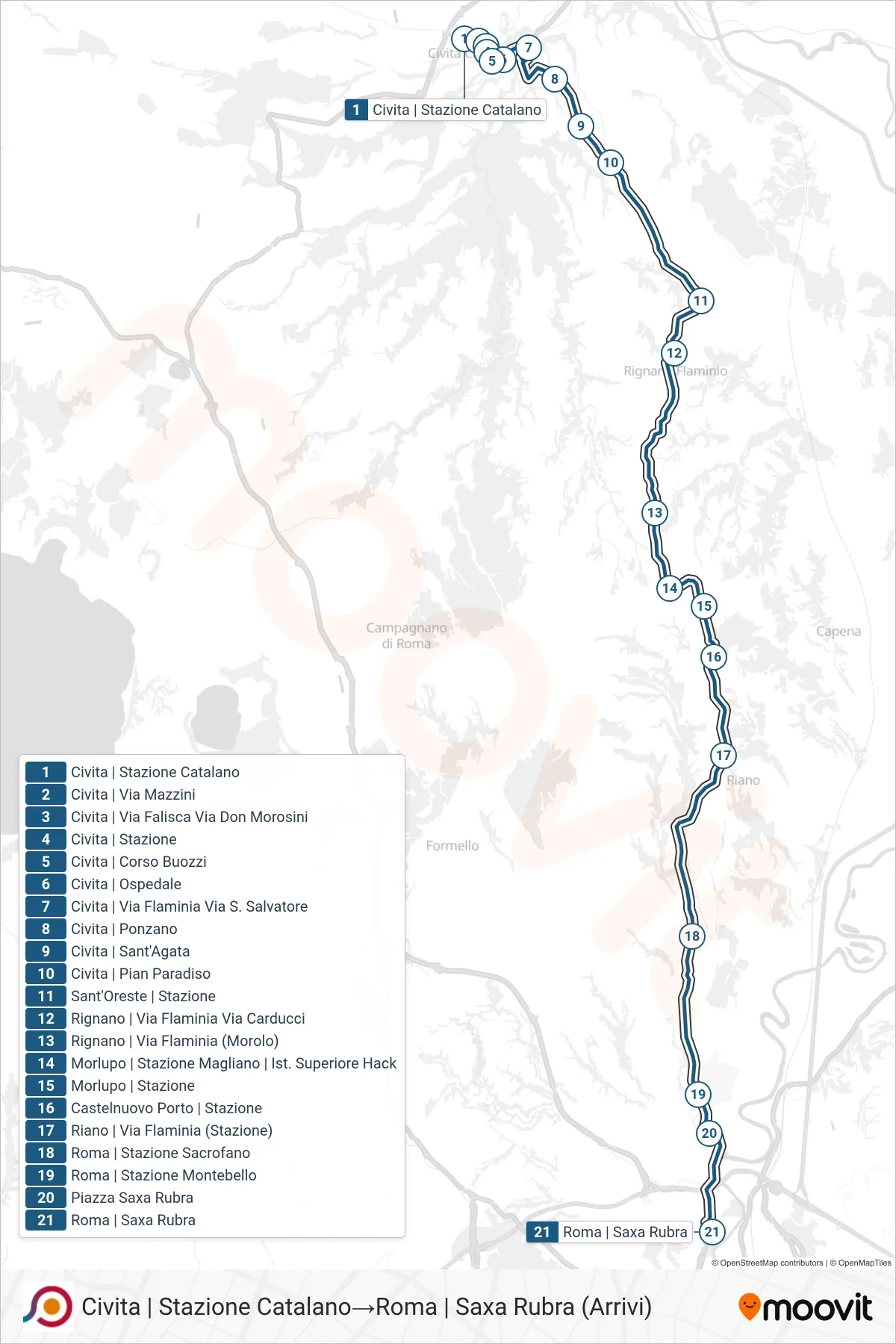 Linea COTRAL bus (Civita | Stazione Catalano→Roma | Saxa Rubra (Arrivi)) - Percorsi e fermate sulla mappa