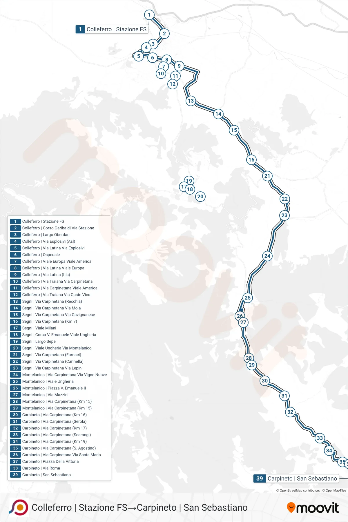 Linea COTRAL bus (Colleferro | Stazione FS→Carpineto | San Sebastiano) - Percorsi e fermate sulla mappa