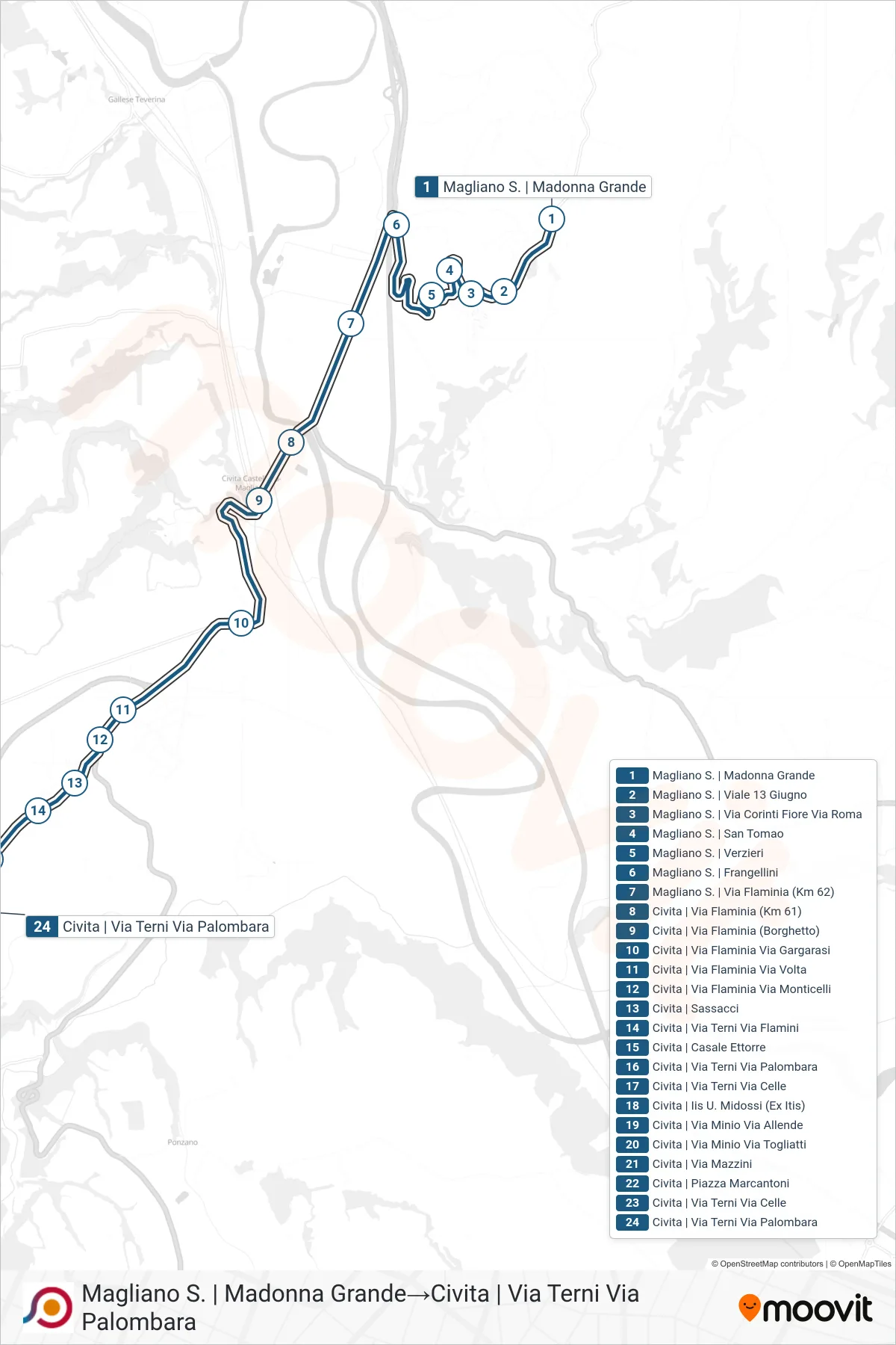 Linea COTRAL bus (Magliano S. | Madonna Grande→Civita | Via Terni Via Palombara) - Percorsi e fermate sulla mappa