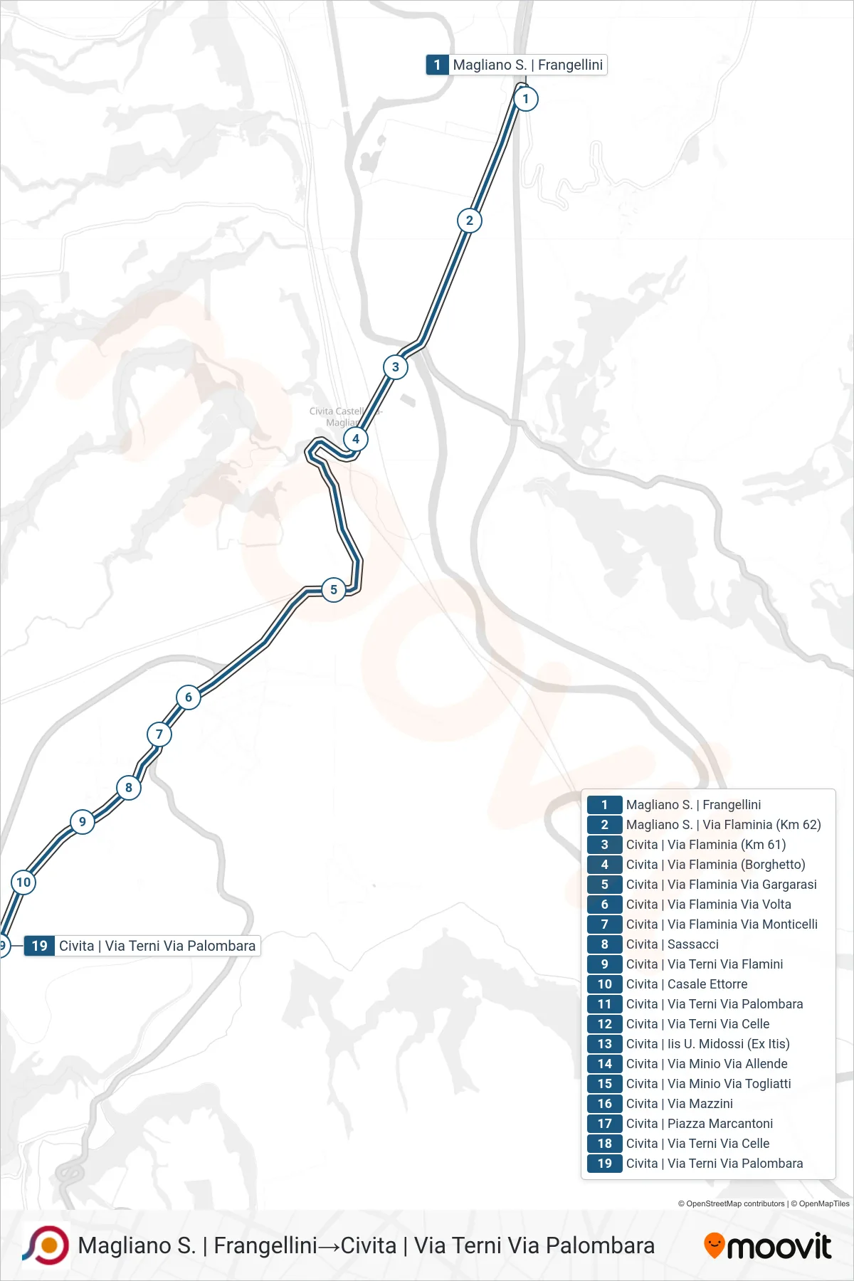 Linea COTRAL bus (Magliano S. | Frangellini→Civita | Via Terni Via Palombara) - Percorsi e fermate sulla mappa
