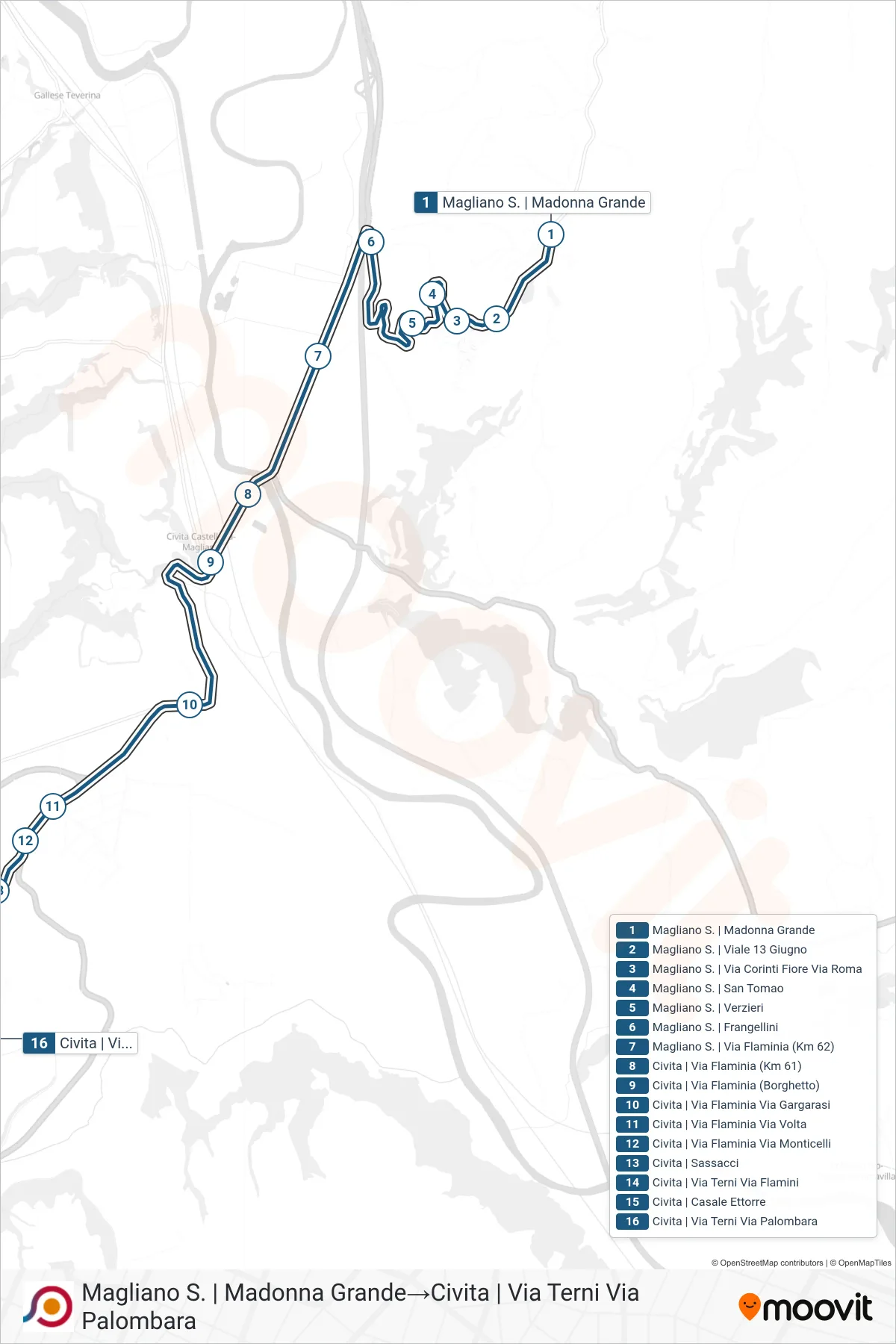 Linea COTRAL bus (Magliano S. | Madonna Grande→Civita | Via Terni Via Palombara) - Percorsi e fermate sulla mappa