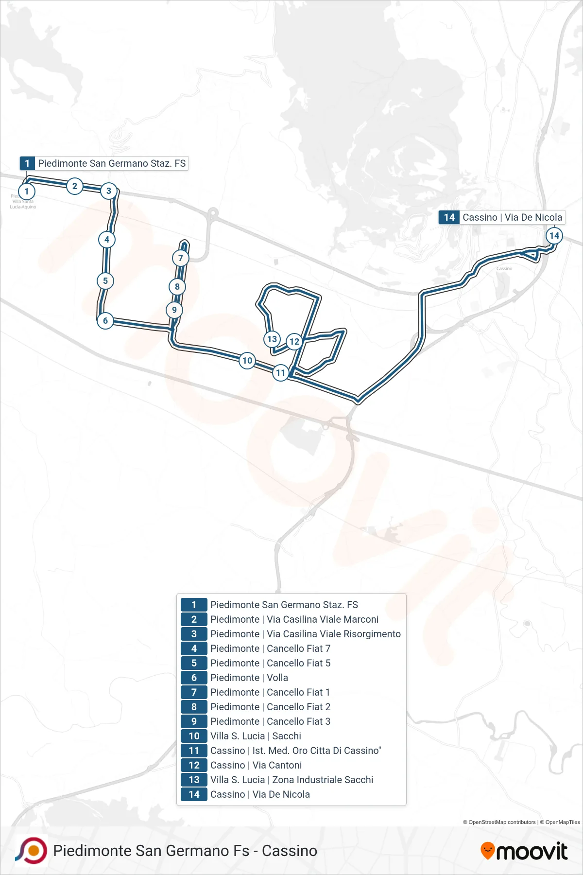 Linea COTRAL bus (Piedimonte San Germano Staz. FS→Cassino | Via De Nicola) - Percorsi e fermate sulla mappa