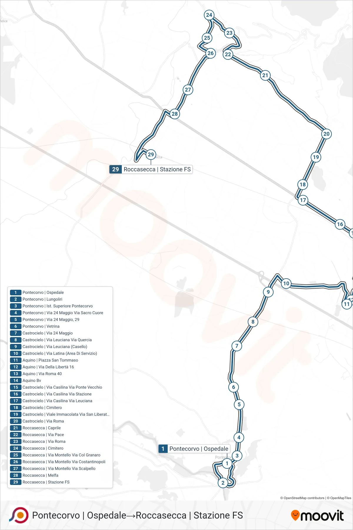 Linea COTRAL bus (Pontecorvo | Ospedale→Roccasecca | Stazione FS) - Percorsi e fermate sulla mappa