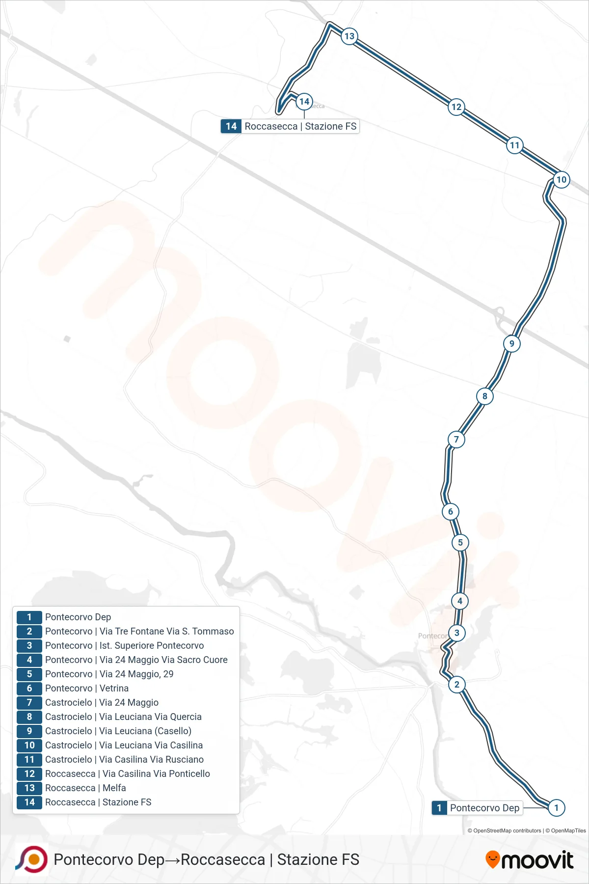 COTRAL bus Line (Pontecorvo Depot→Roccasecca | Railway Station) route and stops on a map