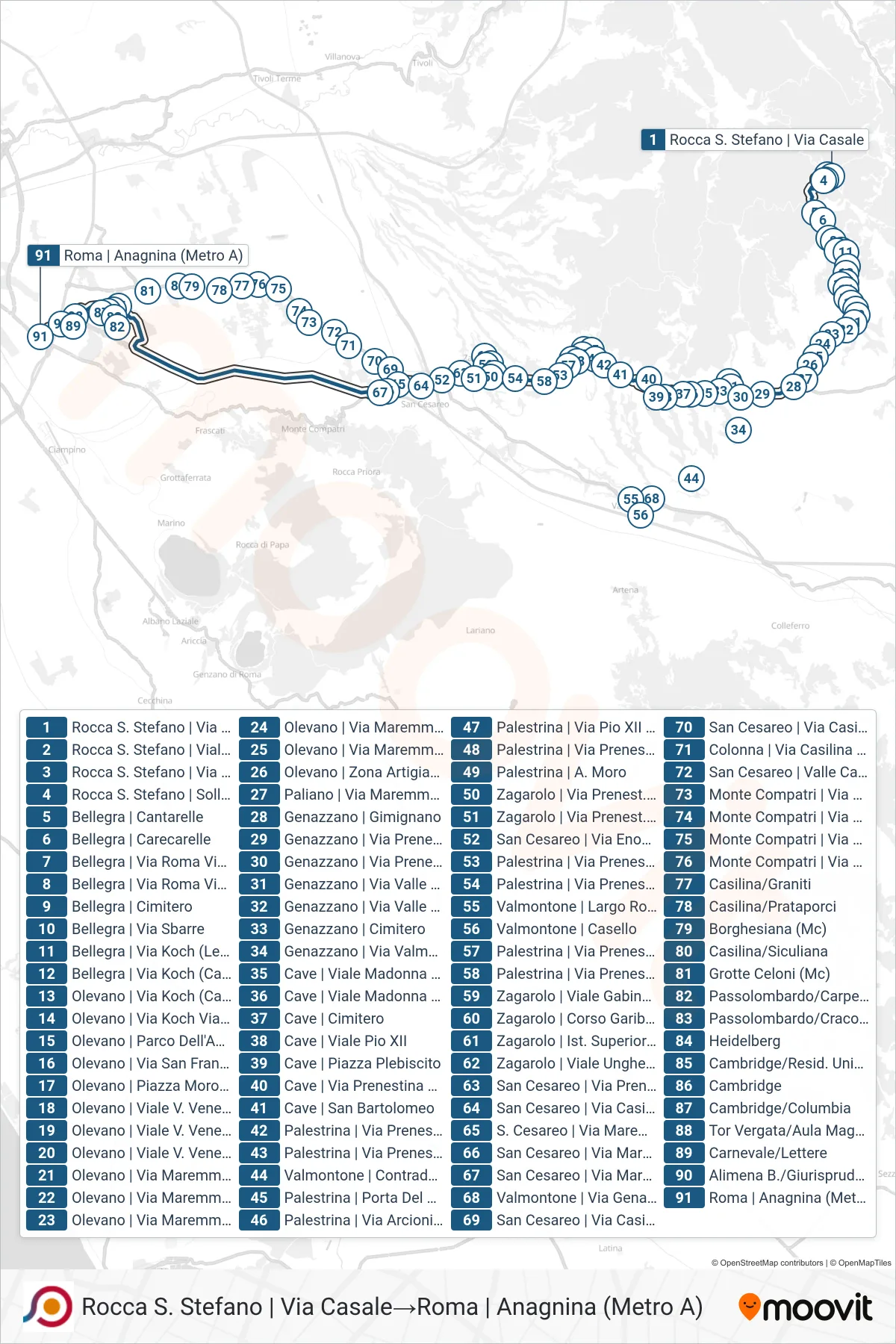 Linea COTRAL bus (Rocca S. Stefano | Via Casale→Roma | Anagnina (Metro A)) - Percorsi e fermate sulla mappa