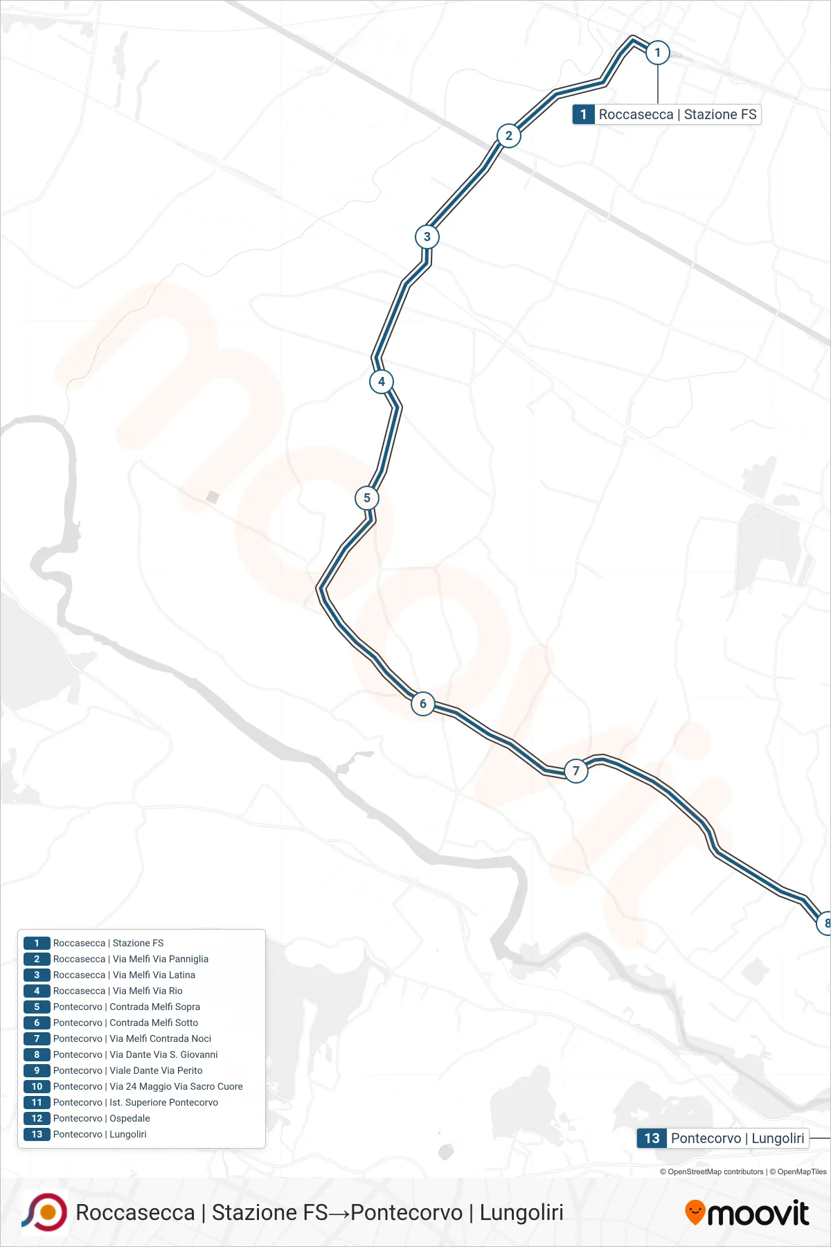 Linea COTRAL  bus (Roccasecca | Stazione FS‎→Pontecorvo | Lungoliri) - Percorsi e fermate sulla mappa