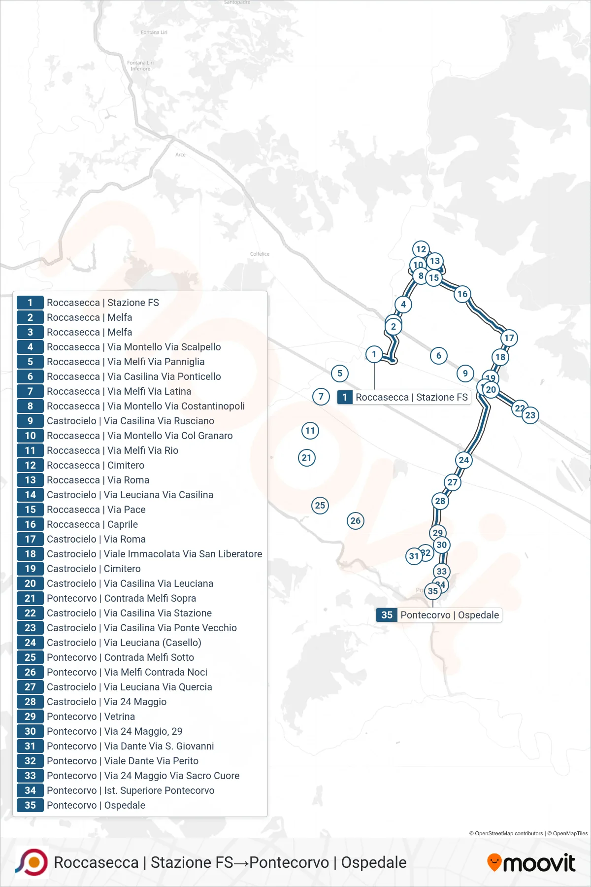 Linea COTRAL bus (Roccasecca | Stazione FS→Pontecorvo | Ospedale) - Percorsi e fermate sulla mappa