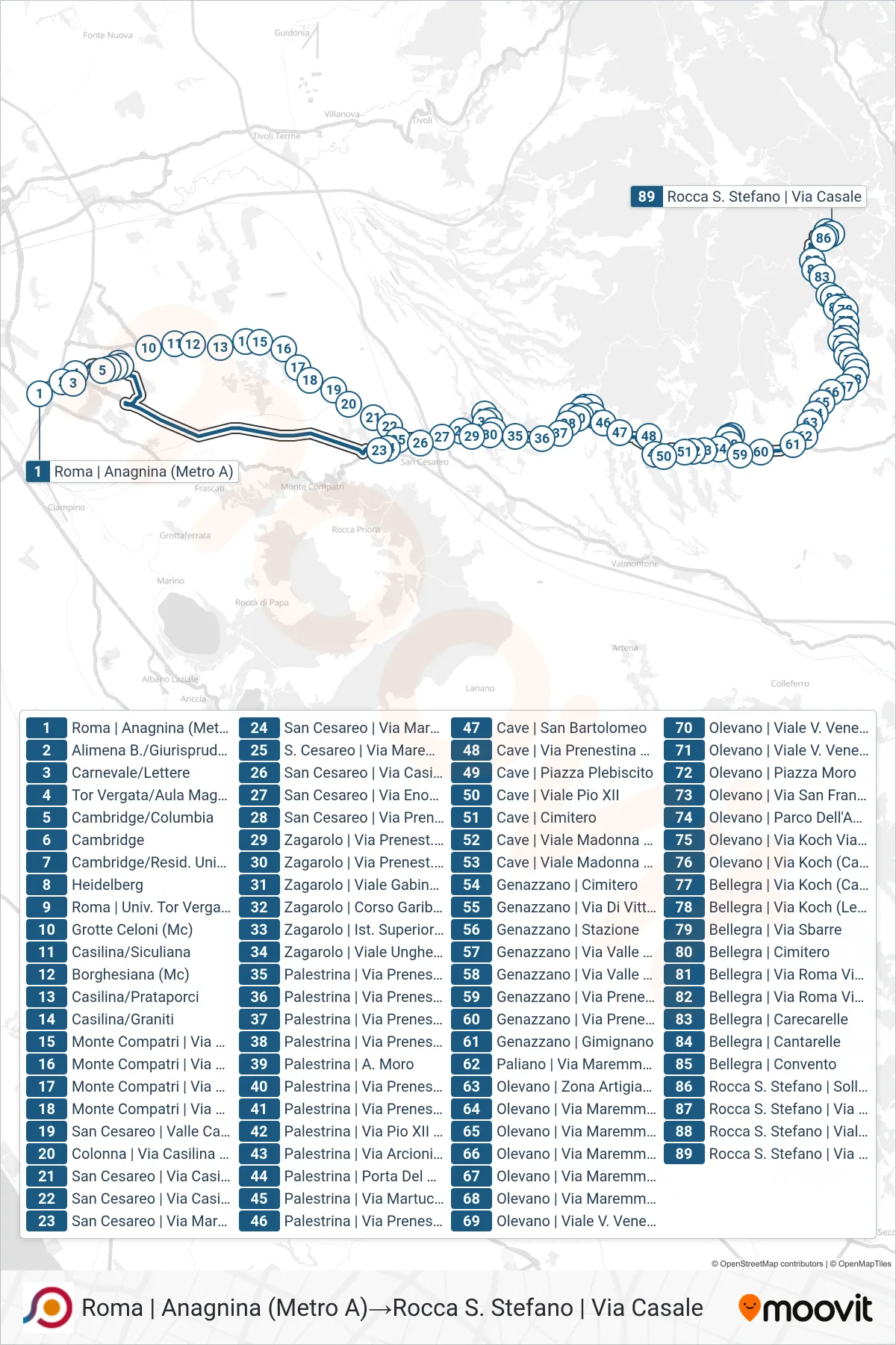 Linea COTRAL  bus (Roma | Anagnina (Metro A)‎→Rocca S. Stefano | Via Casale) - Percorsi e fermate sulla mappa