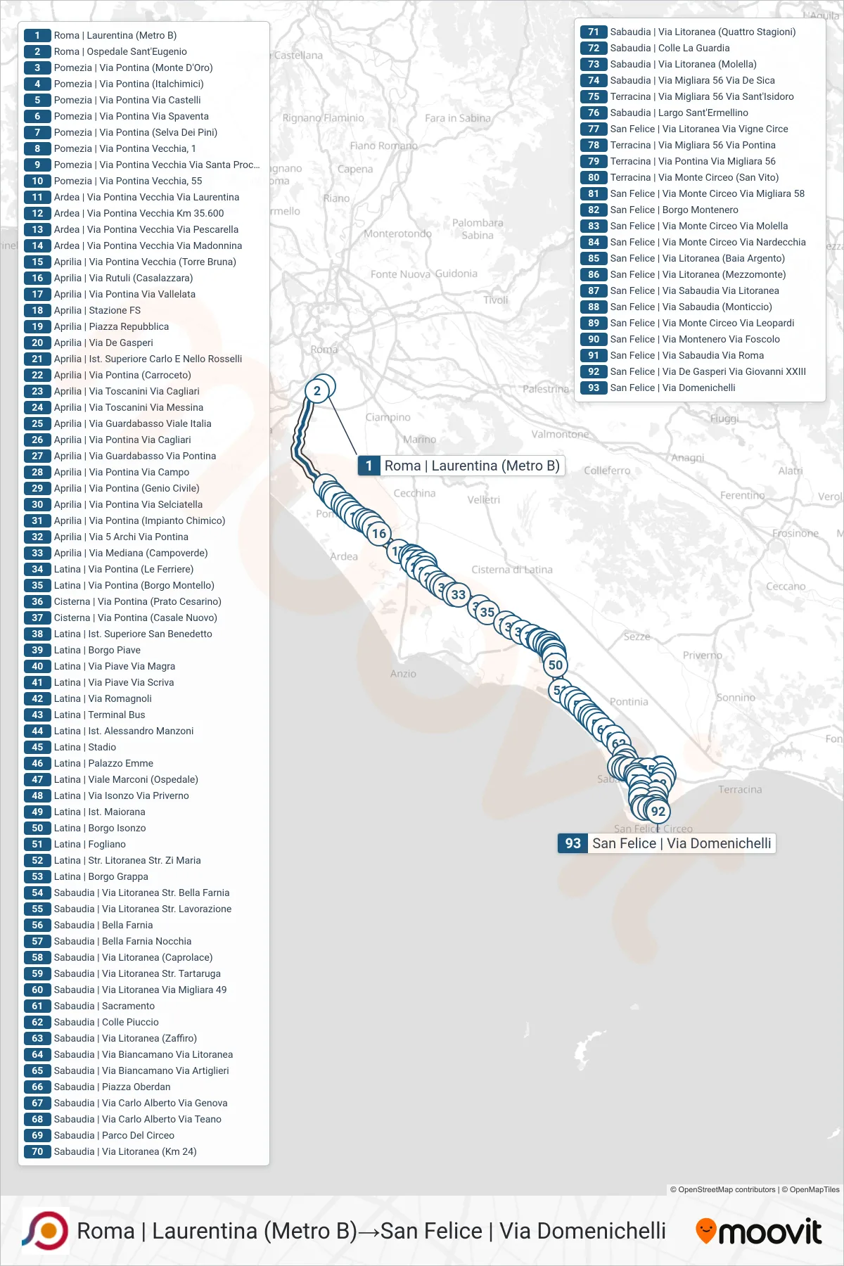 Linea COTRAL bus (Roma | Laurentina (Metro B)→San Felice | Via Domenichelli) - Percorsi e fermate sulla mappa