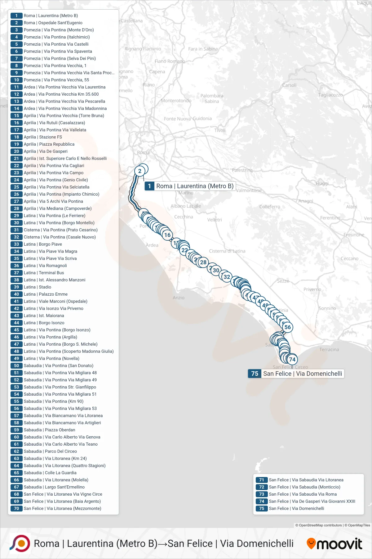 Linea COTRAL bus (Roma | Laurentina (Metro B)→San Felice | Via Domenichelli) - Percorsi e fermate sulla mappa