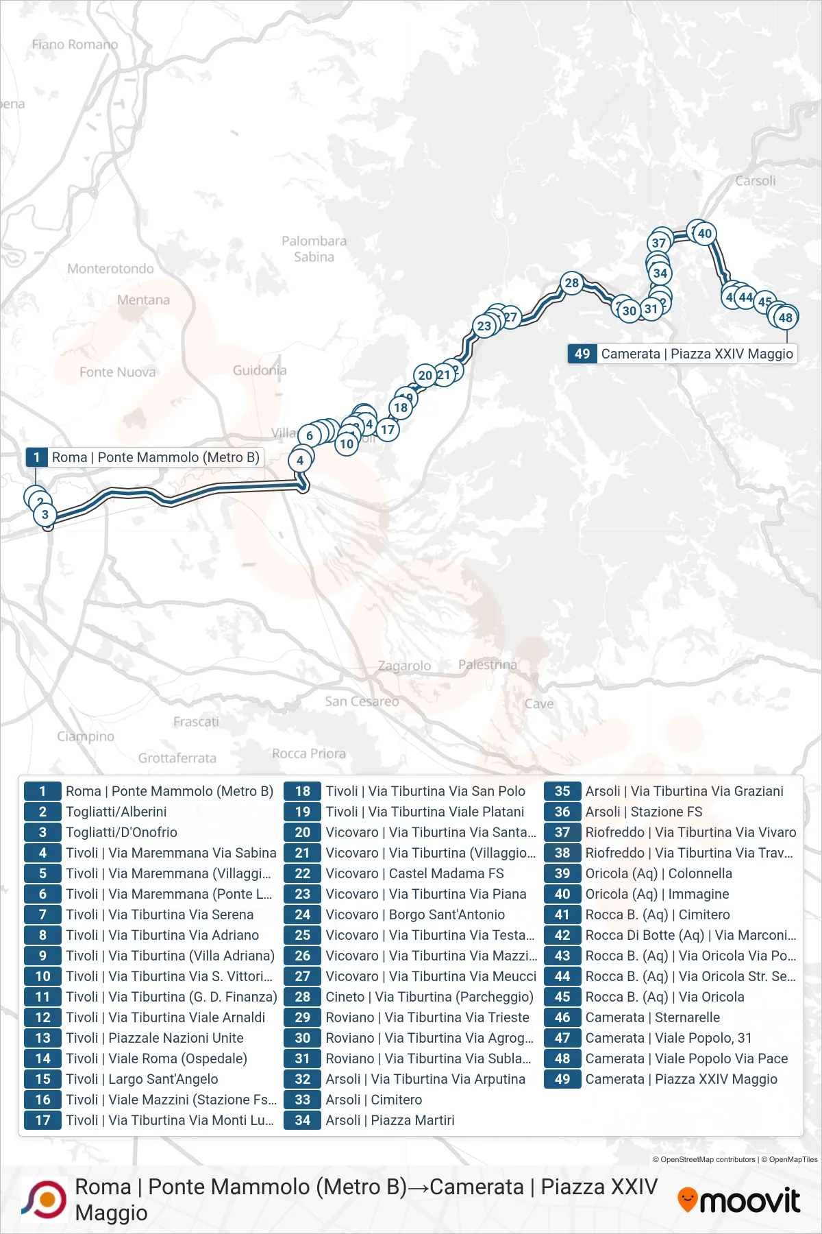 Linea COTRAL bus (Roma | Ponte Mammolo (Metro B)→Camerata | Piazza XXIV Maggio) - Percorsi e fermate sulla mappa