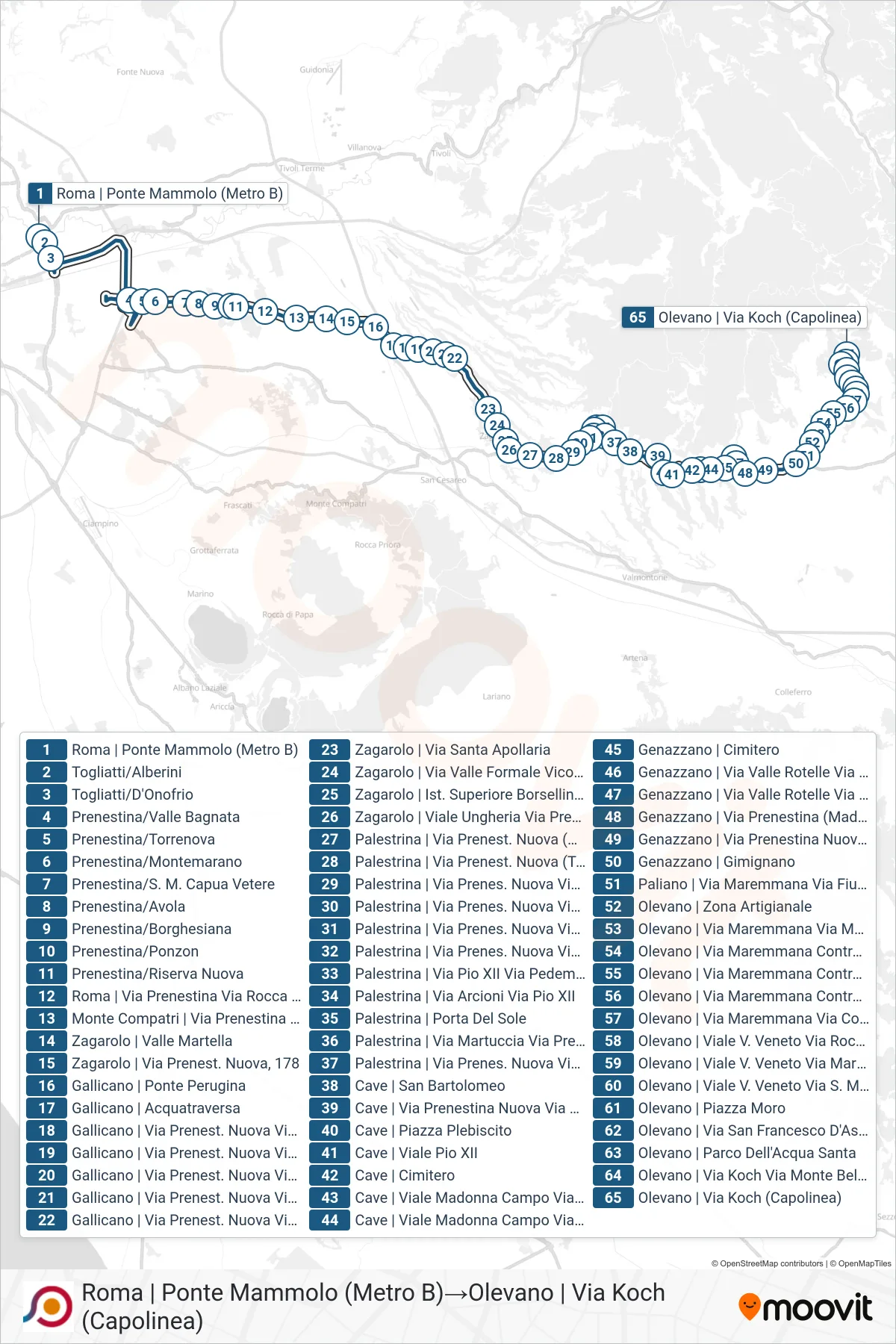 Linea COTRAL bus (Roma | Ponte Mammolo (Metro B)→Olevano | Via Koch (Capolinea)) - Percorsi e fermate sulla mappa