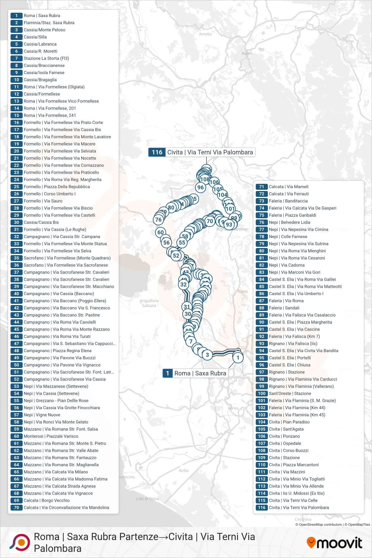 Linea COTRAL bus (Roma | Saxa Rubra Partenze→Civita | Via Terni Via Palombara) - Percorsi e fermate sulla mappa