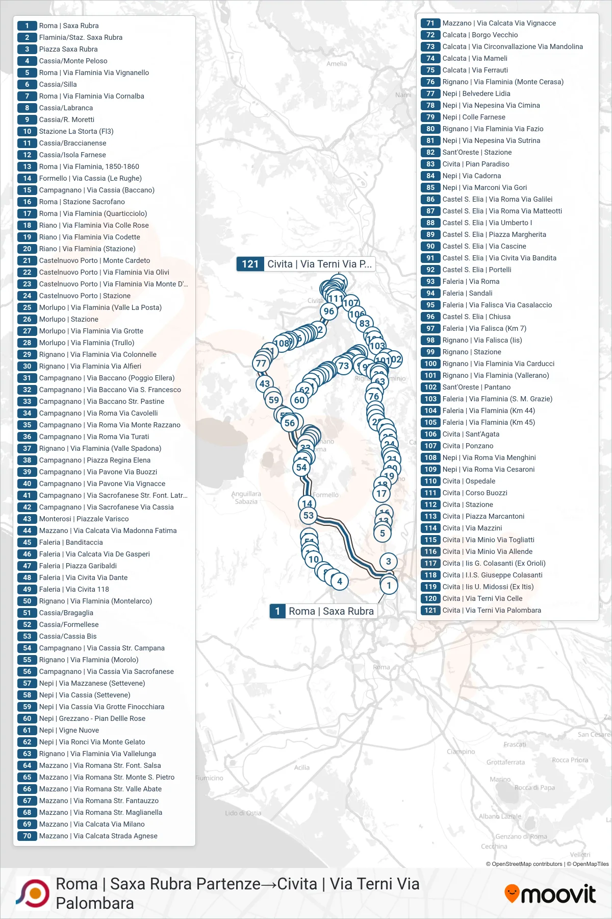Linea COTRAL bus (Roma | Saxa Rubra Partenze→Civita | Via Terni Via Palombara) - Percorsi e fermate sulla mappa