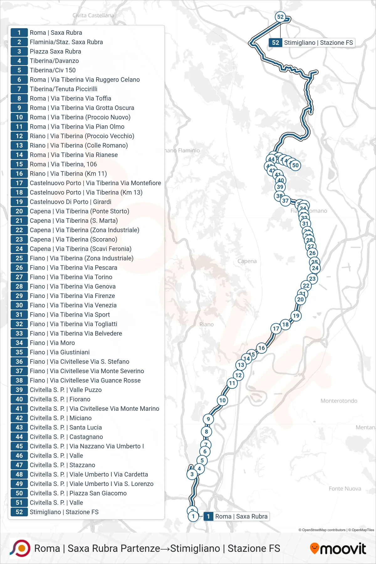 Linea COTRAL bus (Roma | Saxa Rubra Partenze→Stimigliano | Stazione FS) - Percorsi e fermate sulla mappa
