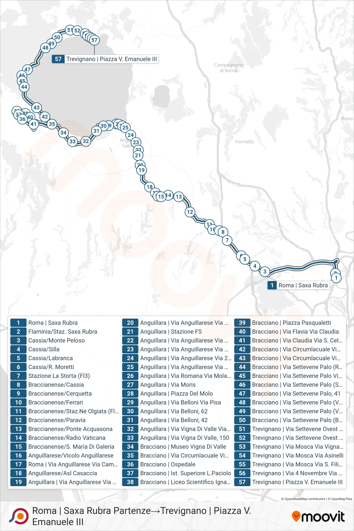 Linea COTRAL bus (Roma | Saxa Rubra Partenze→Trevignano | Piazza V. Emanuele III) - Percorsi e fermate sulla mappa