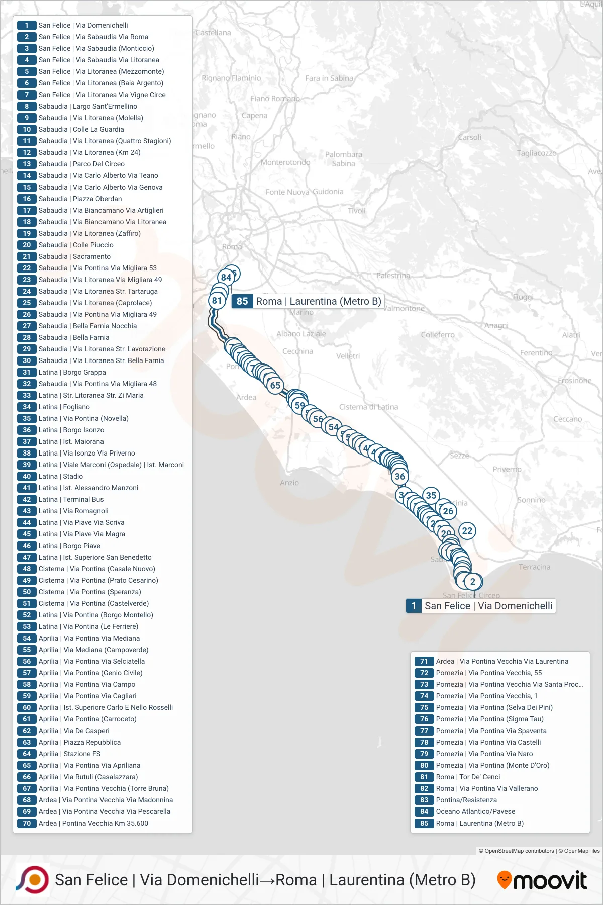 Linea COTRAL bus (San Felice | Via Domenichelli→Roma | Laurentina (Metro B)) - Percorsi e fermate sulla mappa