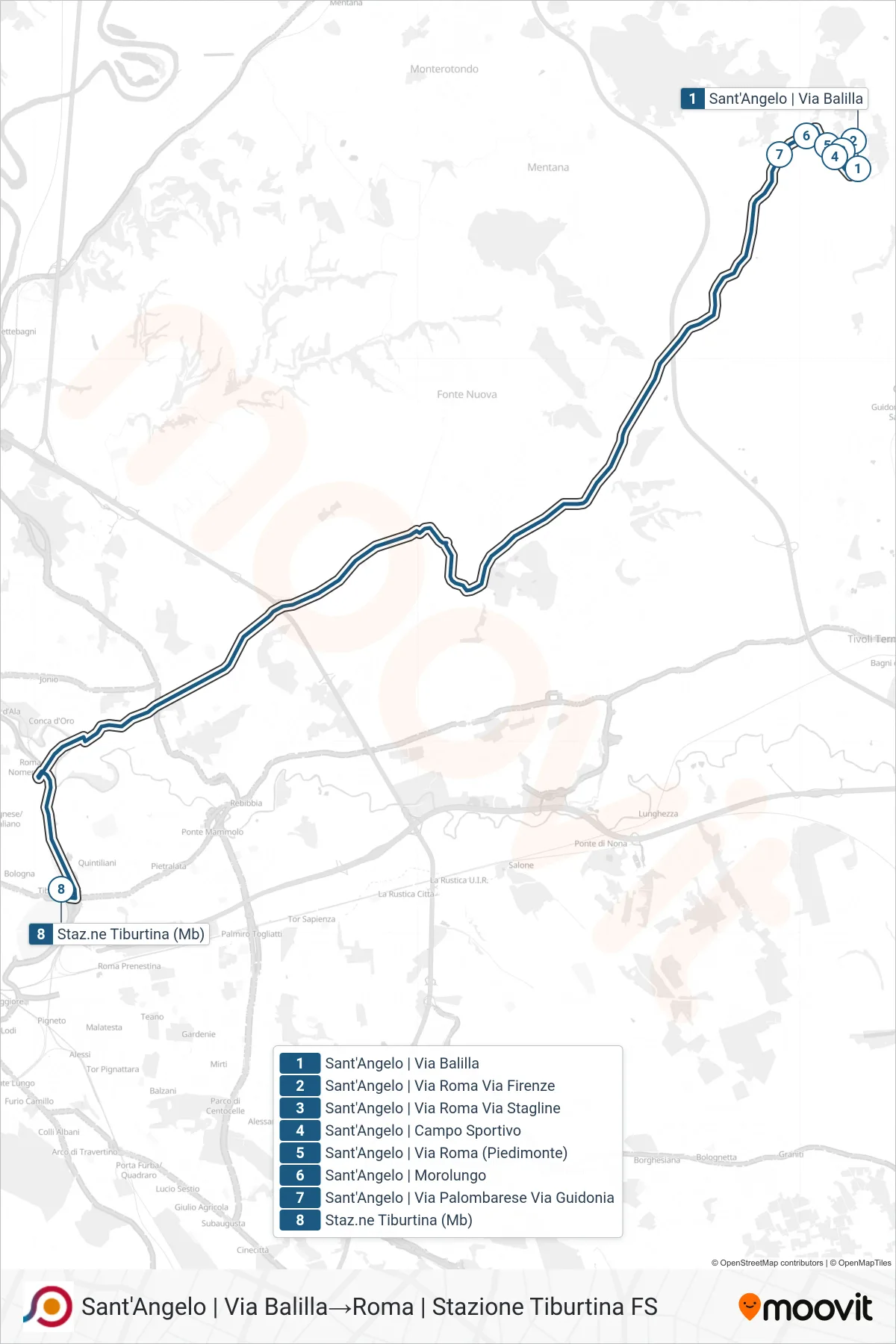 Linea COTRAL bus (Sant'Angelo | Via Balilla→Roma | Stazione Tiburtina FS) - Percorsi e fermate sulla mappa