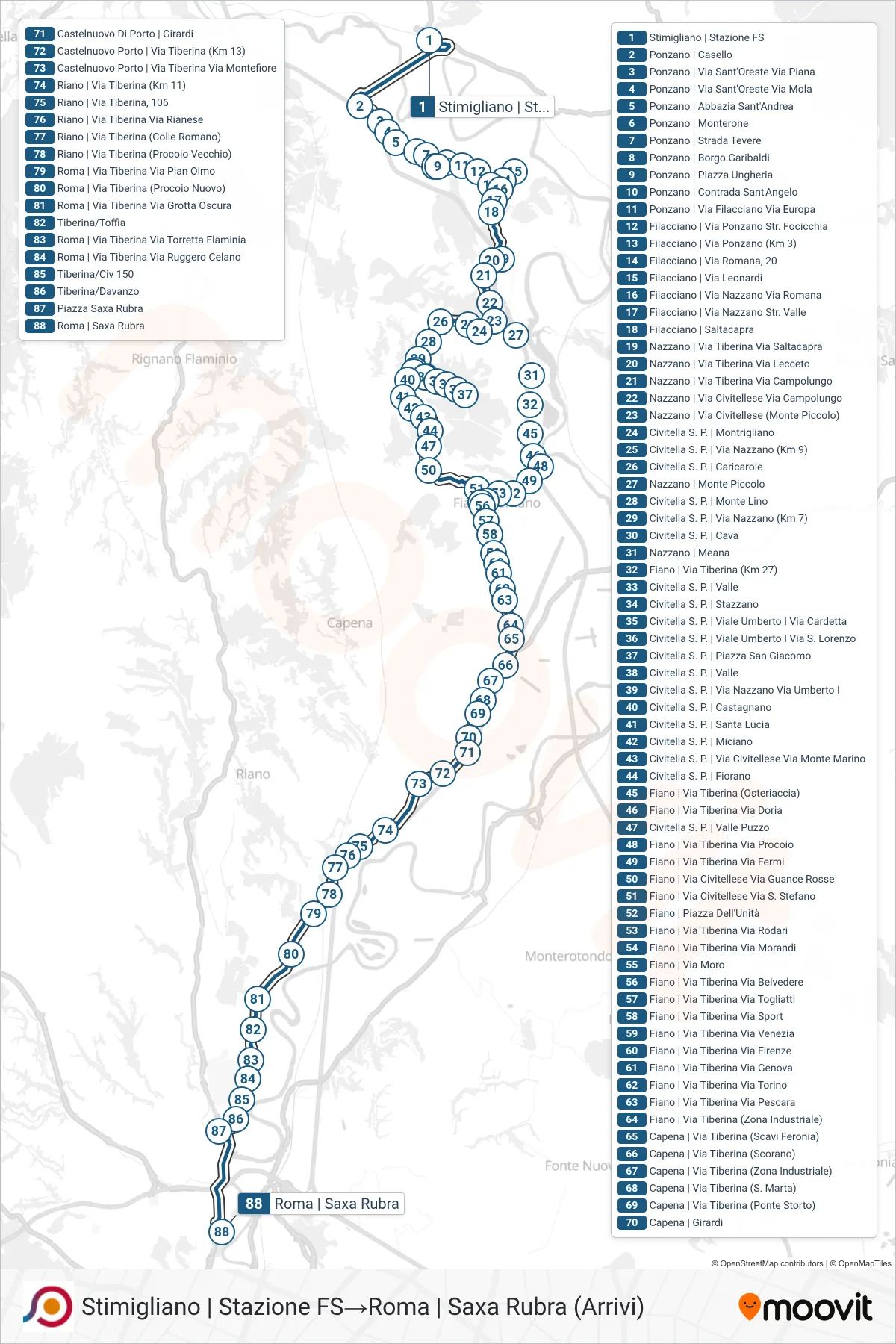 Linea COTRAL  bus (Stimigliano | Stazione FS‎→Roma | Saxa Rubra (Arrivi)) - Percorsi e fermate sulla mappa