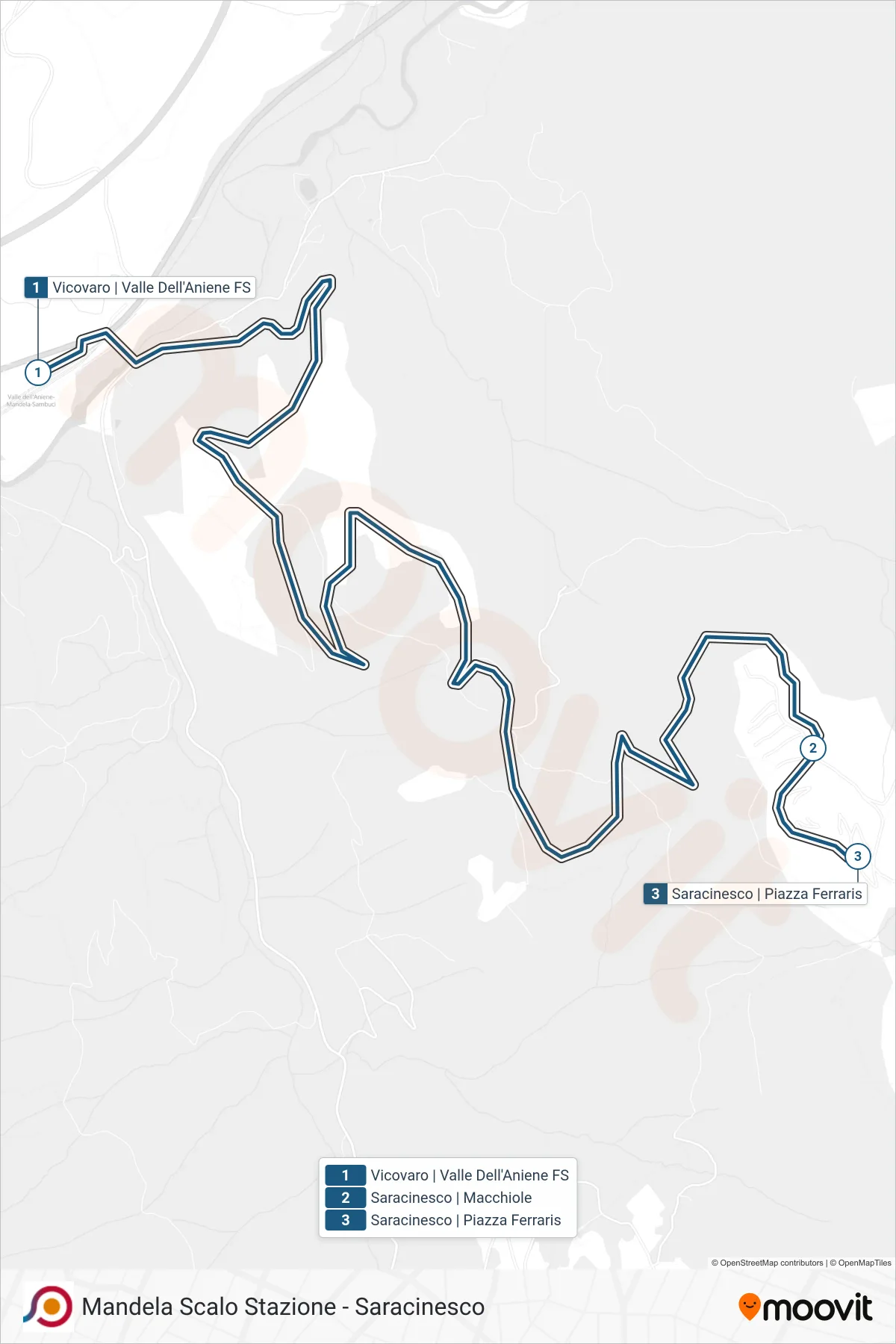 COTRAL bus Line (Vicovaro Valle Dell'Aniene Station→Saracinesco | Piazza Ferraris) route and stops on a map