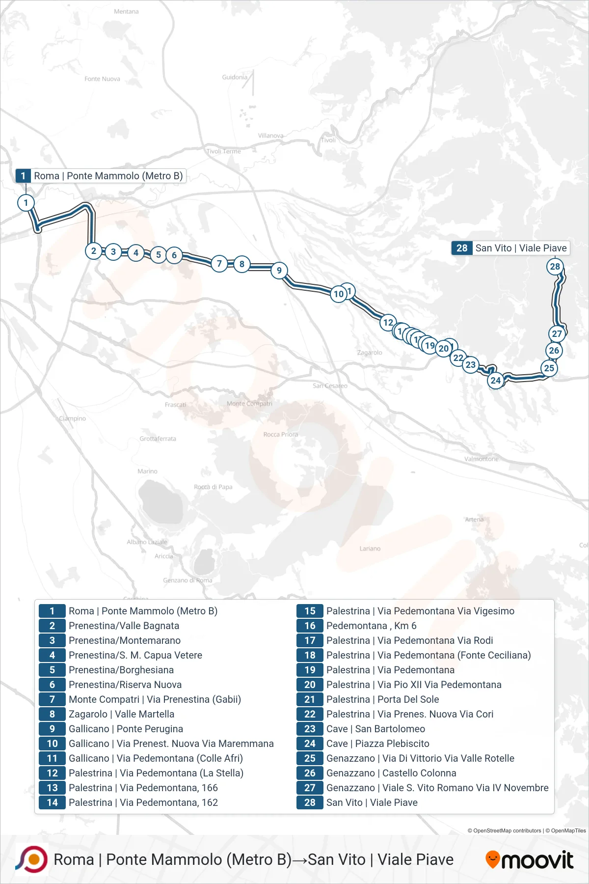Linea COTRAL bus (Roma | Ponte Mammolo (Metro B)→San Vito | Viale Piave) - Percorsi e fermate sulla mappa