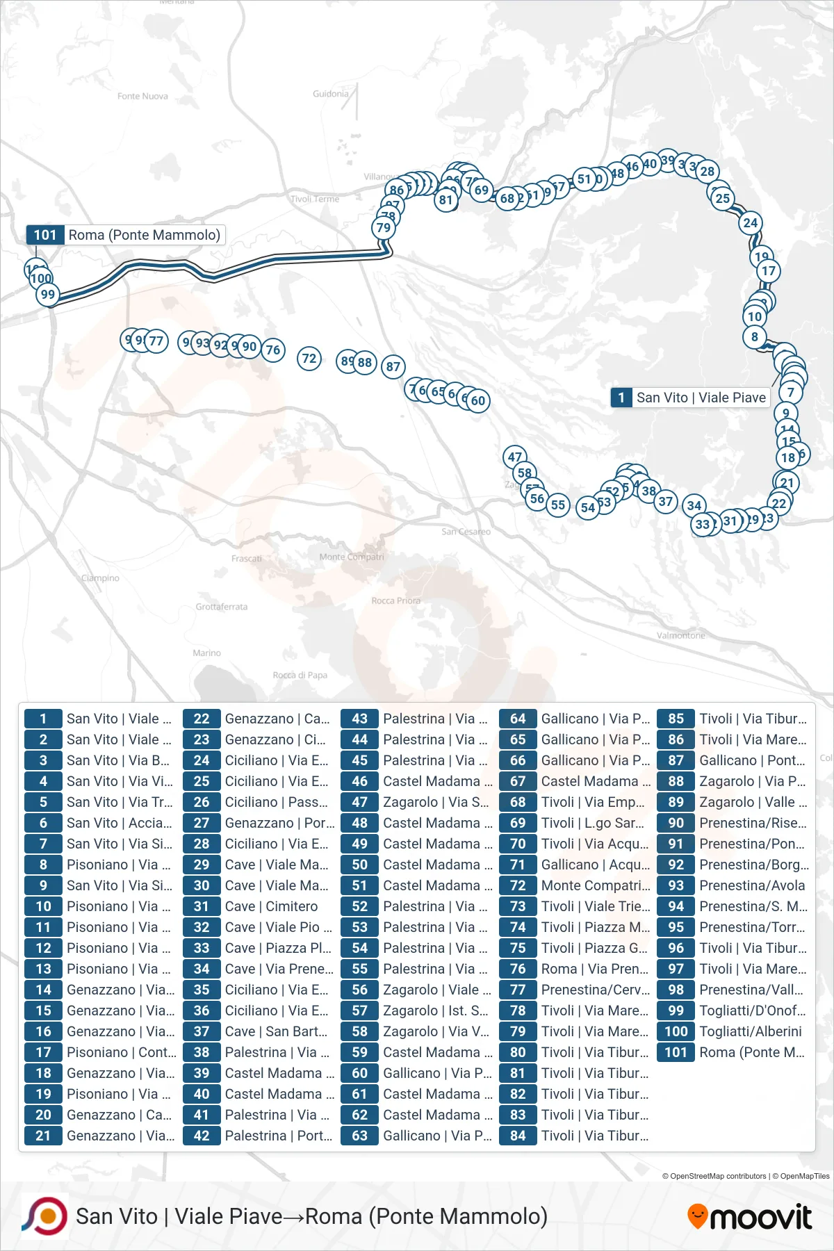 Linea COTRAL bus (San Vito | Viale Piave→Roma (Ponte Mammolo)) - Percorsi e fermate sulla mappa