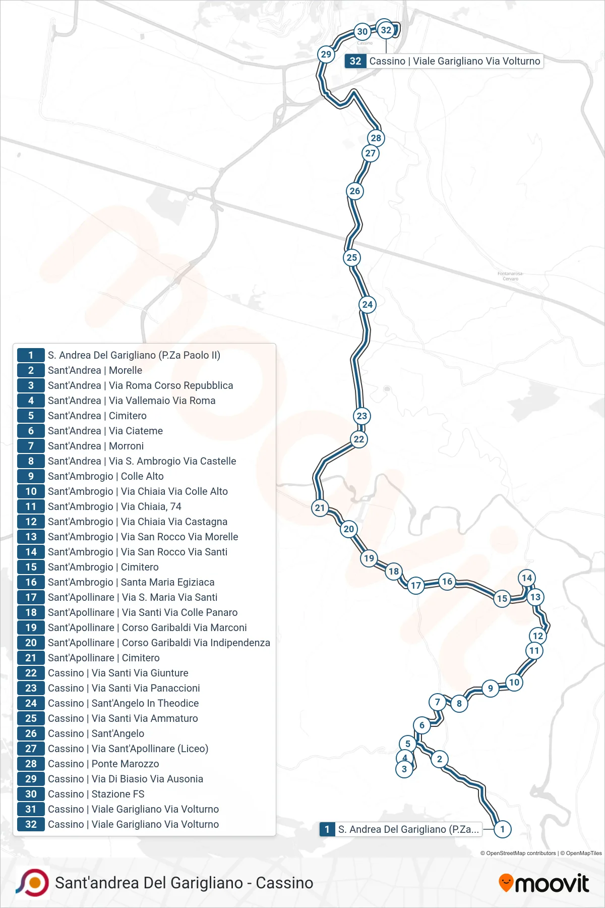Linea COTRAL bus (S. Andrea Del Garigliano (P.Za Paolo II)→Cassino | Viale Garigliano Via Volturno) - Percorsi e fermate sulla mappa