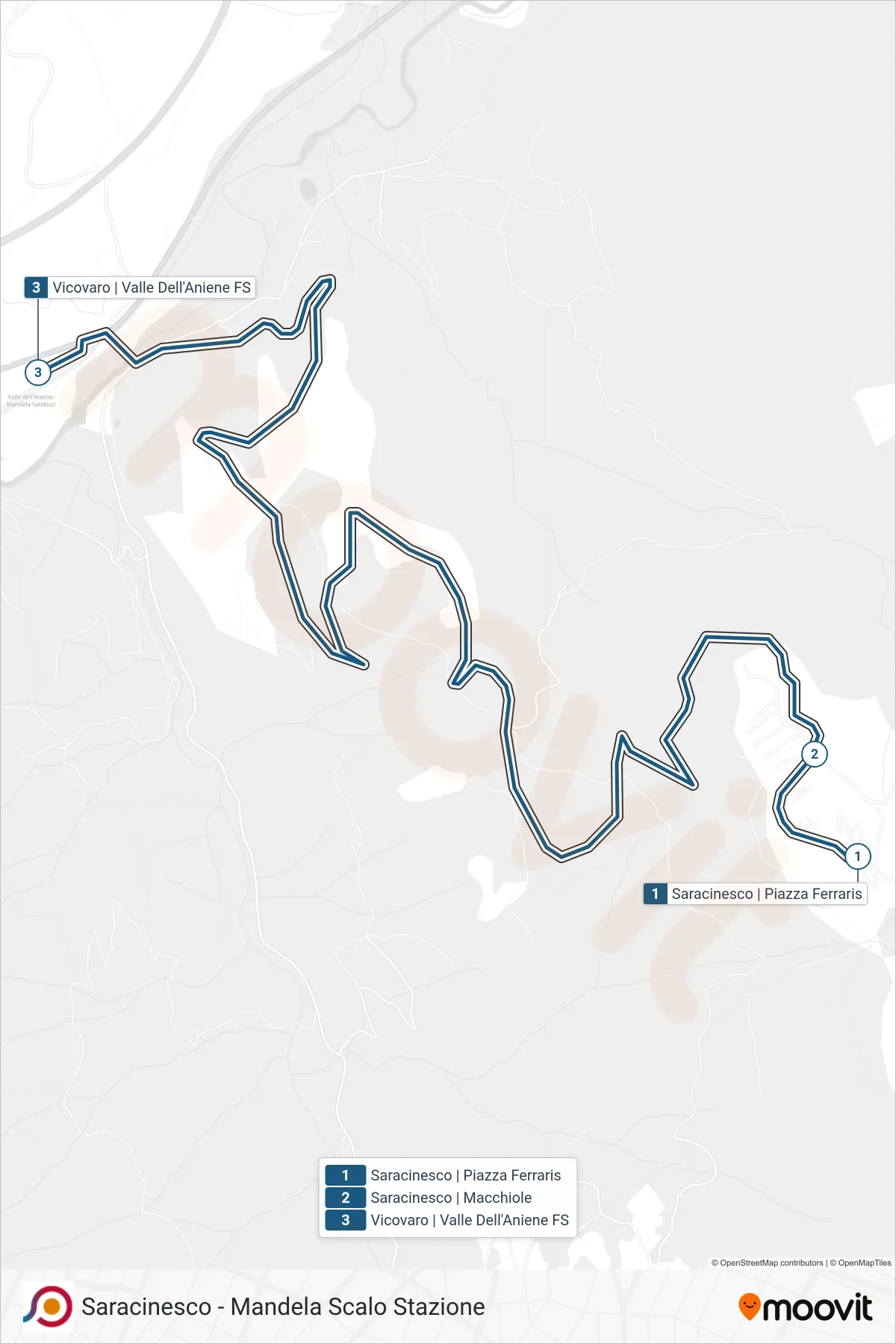 Linea COTRAL bus (Saracinesco | Piazza Ferraris→Vicovaro | Valle Dell'Aniene FS) - Percorsi e fermate sulla mappa