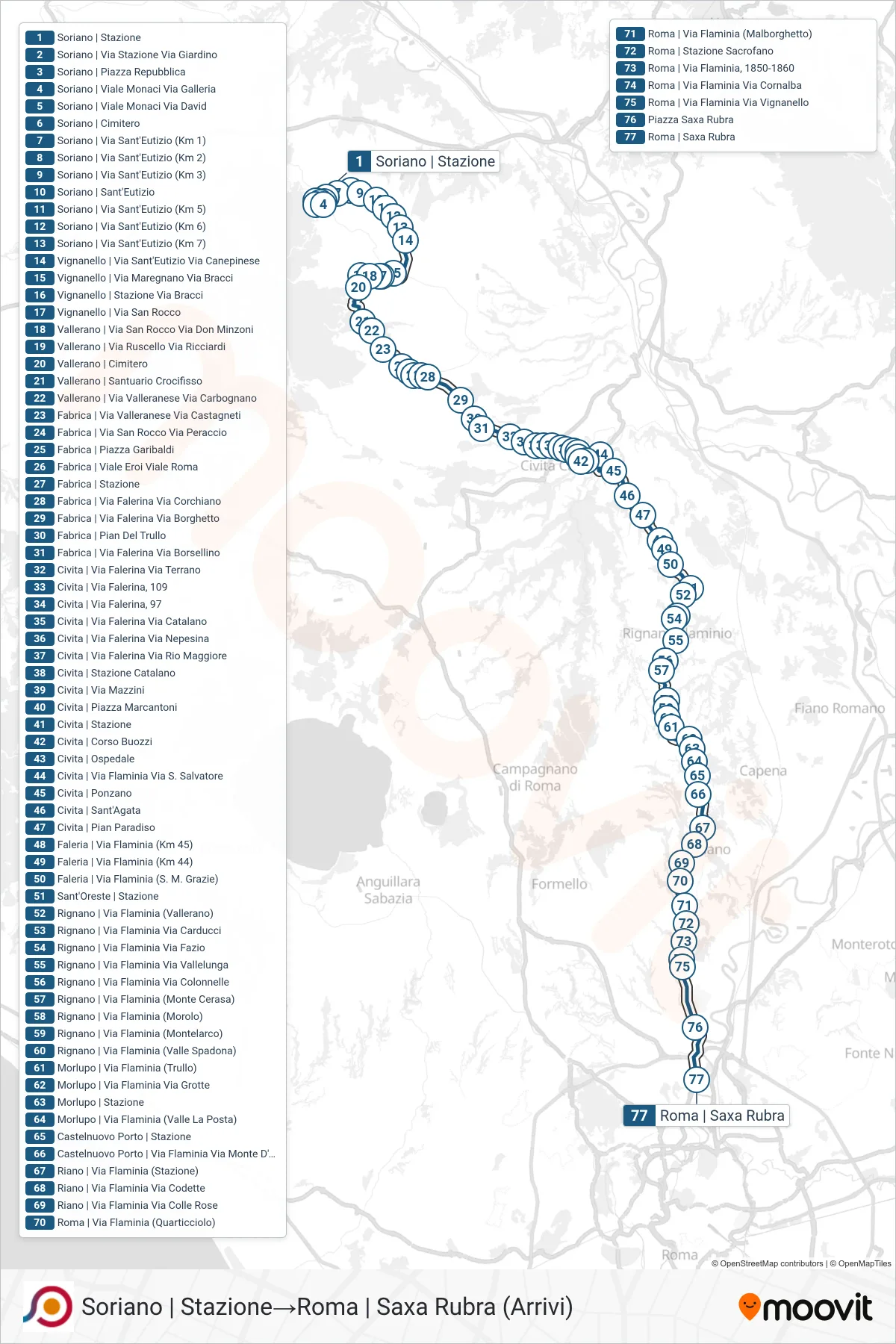 Linea COTRAL bus (Soriano | Stazione→Roma | Saxa Rubra (Arrivi)) - Percorsi e fermate sulla mappa
