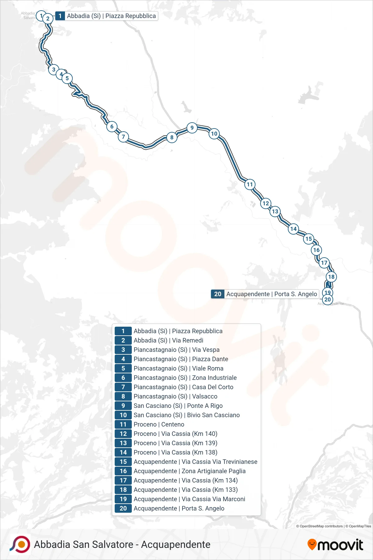 Linea COTRAL bus (Abbadia (Si) | Piazza Repubblica→Acquapendente | Porta S. Angelo) - Percorsi e fermate sulla mappa