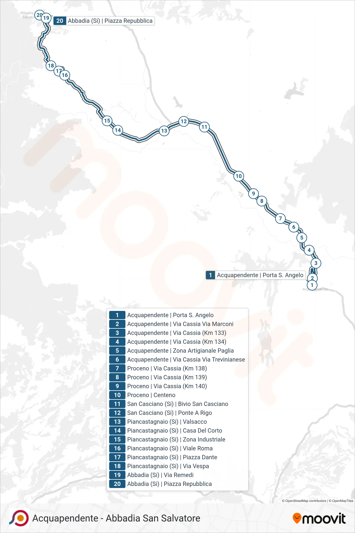 Linea COTRAL bus (Acquapendente | Porta S. Angelo→Abbadia (Si) | Piazza Repubblica) - Percorsi e fermate sulla mappa