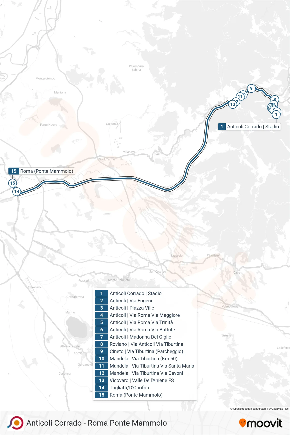 Linea COTRAL bus (Anticoli Corrado | Stadio→Roma (Ponte Mammolo)) - Percorsi e fermate sulla mappa
