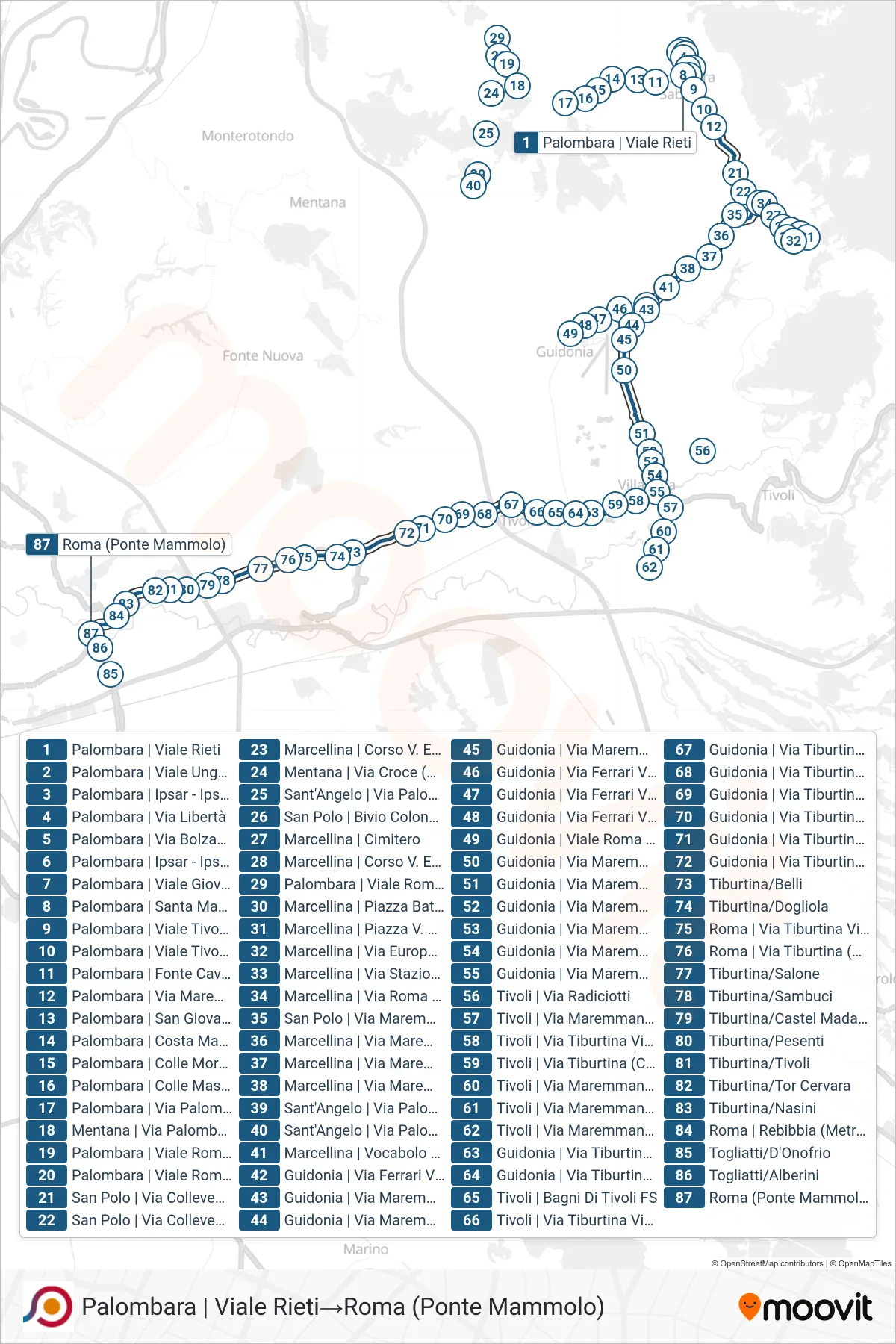 Linea COTRAL bus (Palombara | Viale Rieti→Roma (Ponte Mammolo)) - Percorsi e fermate sulla mappa