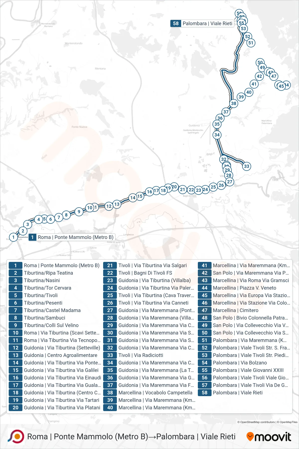 Linea COTRAL  bus (Roma | Ponte Mammolo (Metro B)‎→Palombara | Viale Rieti) - Percorsi e fermate sulla mappa
