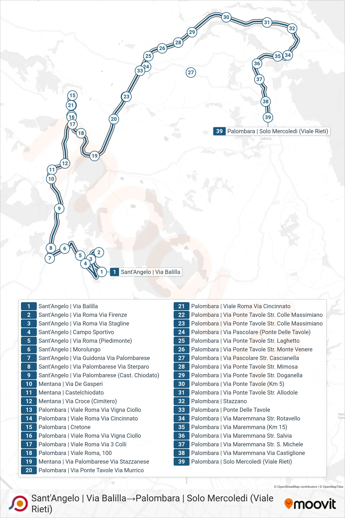 Linea COTRAL bus (Sant'Angelo | Via Balilla→Palombara | Solo Mercoledi (Viale Rieti)) - Percorsi e fermate sulla mappa