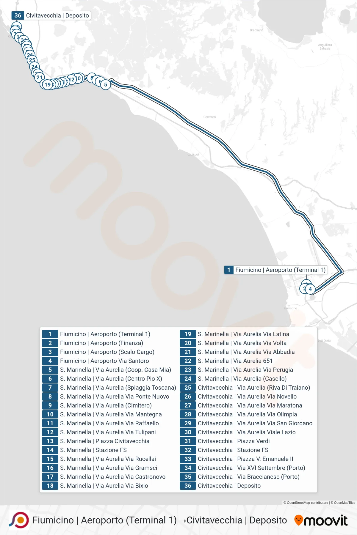 Linea COTRAL bus (Fiumicino | Aeroporto (Terminal 1)→Civitavecchia | Deposito) - Percorsi e fermate sulla mappa