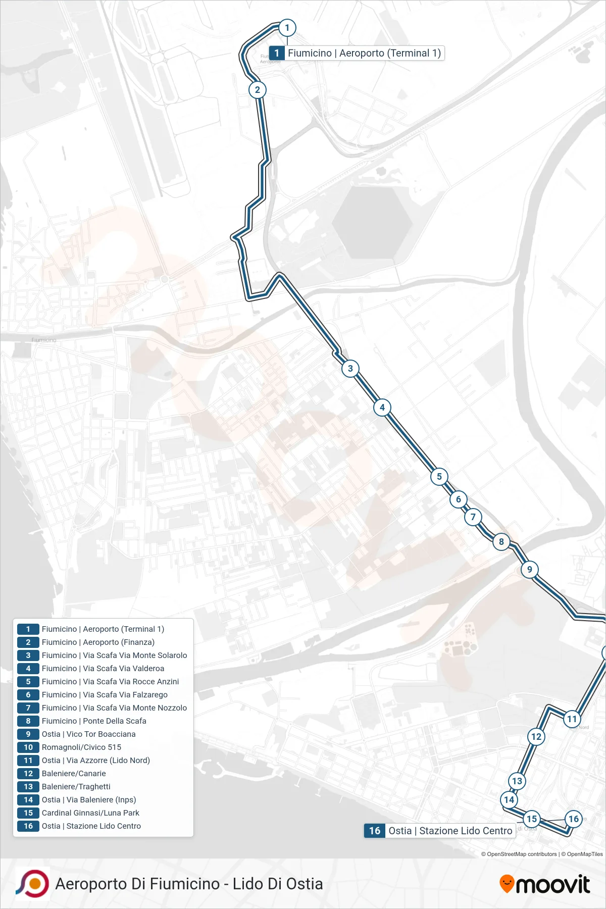 Linea COTRAL bus (Fiumicino | Aeroporto (Terminal 1)→Ostia | Stazione Lido Centro) - Percorsi e fermate sulla mappa