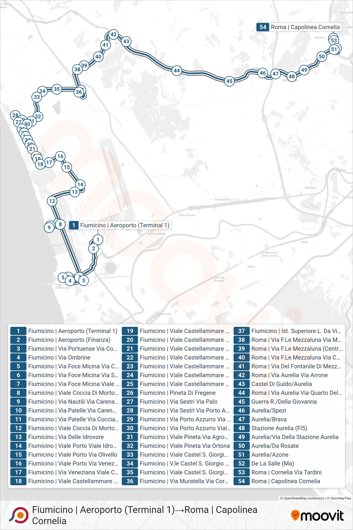 Linea COTRAL bus (Fiumicino | Aeroporto (Terminal 1)→Roma | Capolinea Cornelia) - Percorsi e fermate sulla mappa