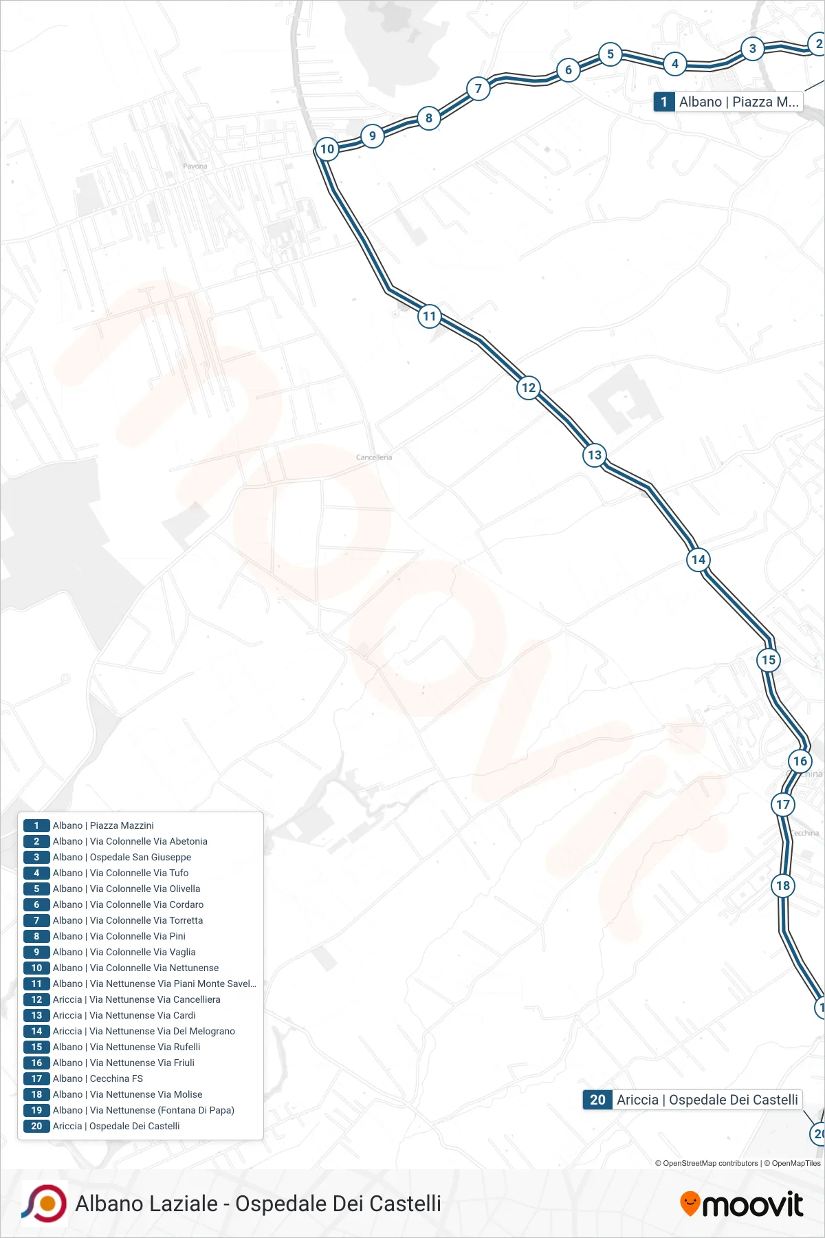 Linea COTRAL bus (Albano | Piazza Mazzini→Ariccia | Ospedale Dei Castelli) - Percorsi e fermate sulla mappa